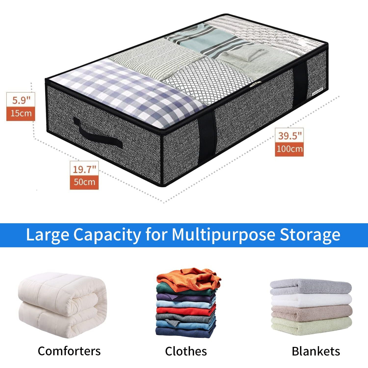 Onlyeasy 4 Pack Under Bed Clothes Storage Bags Organizer With Reinforced Handles And Zippers, Foldable Underbed Storage Container Bags For Blankets, Comforters, Bedding, Linen-Like Black, Mxaubbp4