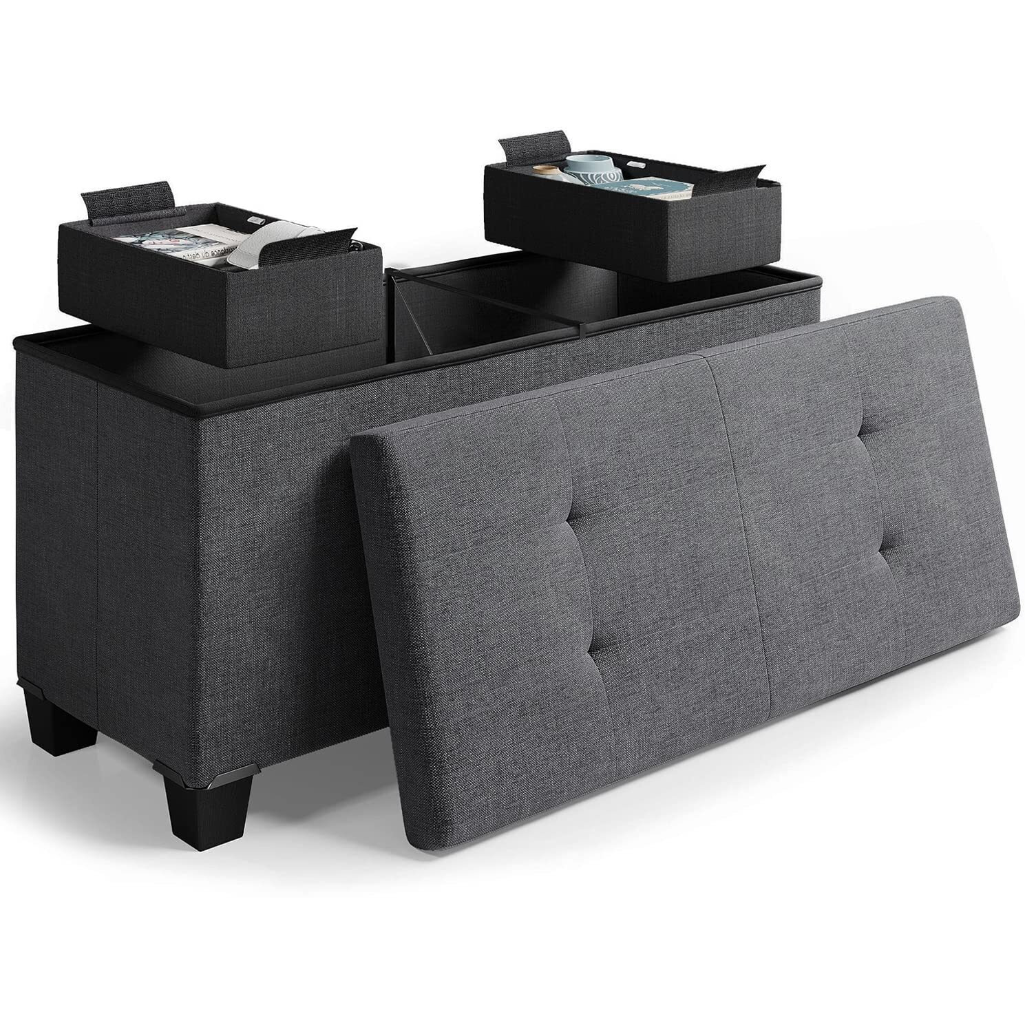 Storage Ottoman Bench With Storage Bins, 30-In Storage Bench For Bedroom End Of Bed, Folding Foot Rest Ottoman With Storage For Living Room, Storage Chest Max 660Lbs, Linen Fabric Grey Ottoman