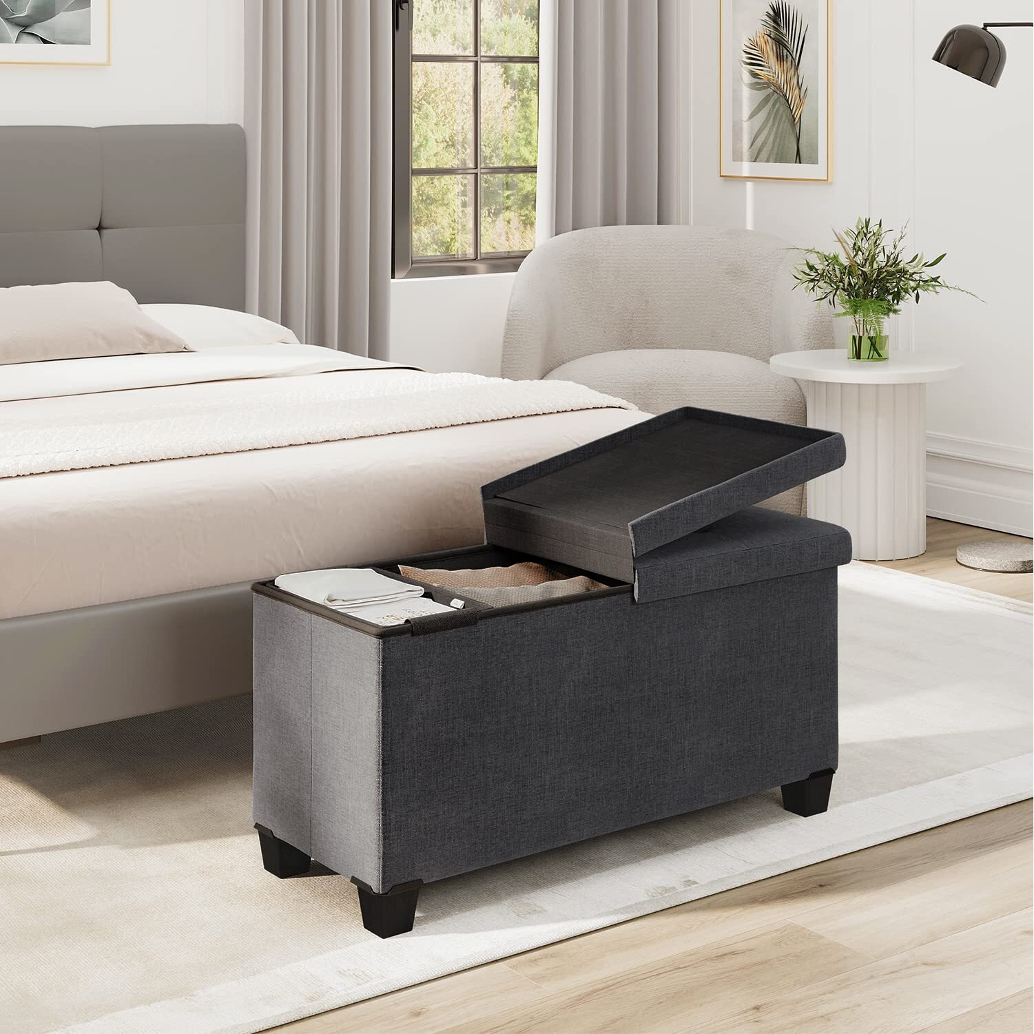 Storage Ottoman Bench With Storage Bins, 30-In Storage Bench For Bedroom End Of Bed, Folding Foot Rest Ottoman With Storage For Living Room, Storage Chest Max 660Lbs, Linen Fabric Grey Ottoman