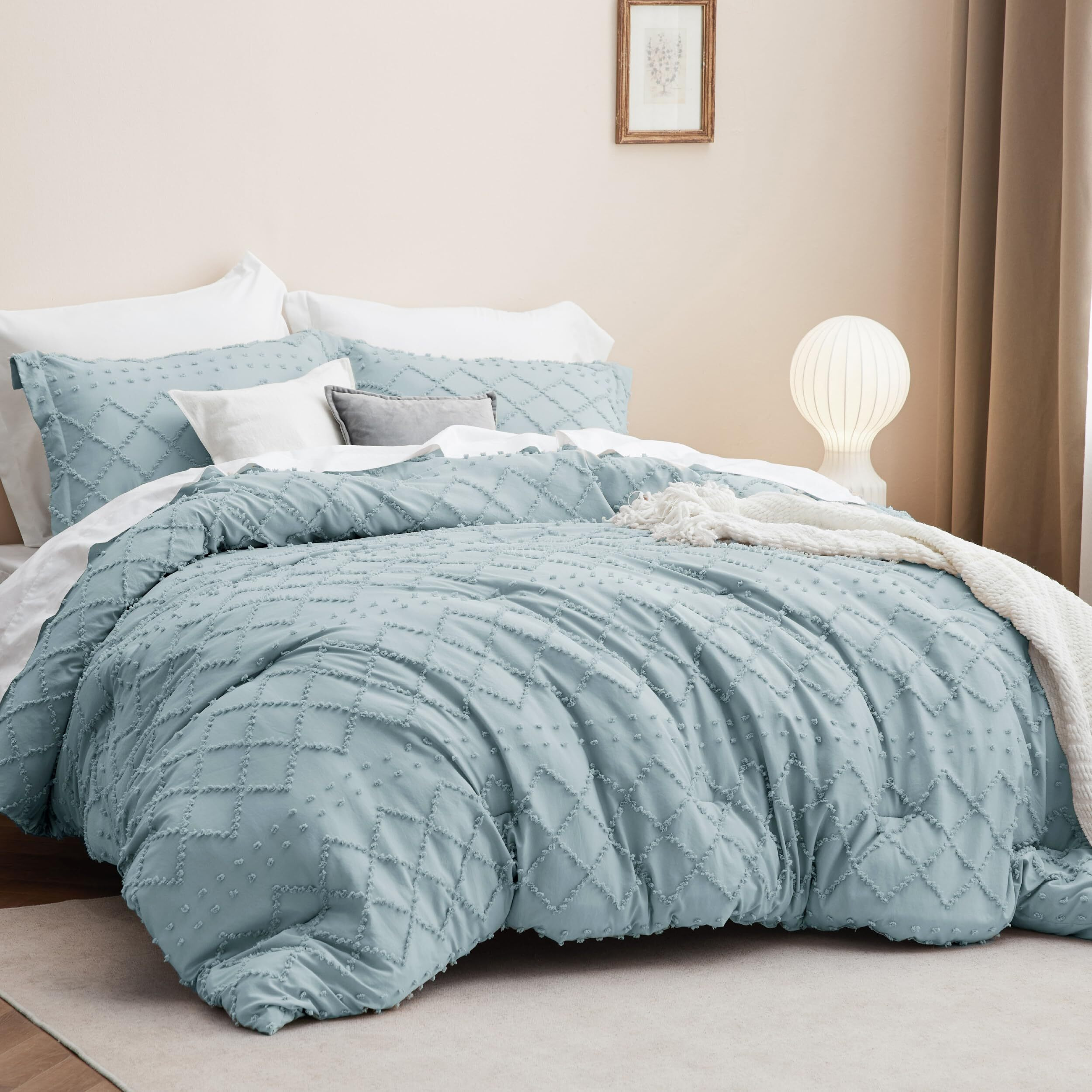 Bedsure Twin Comforter Set - Dusty Blue Comforter, Boho Tufted Shabby Chic Bedding, 2 Pieces Vintage Farmhouse Bed Set For All Seasons, Fluffy Soft Bedding With 1 Pillow Sham