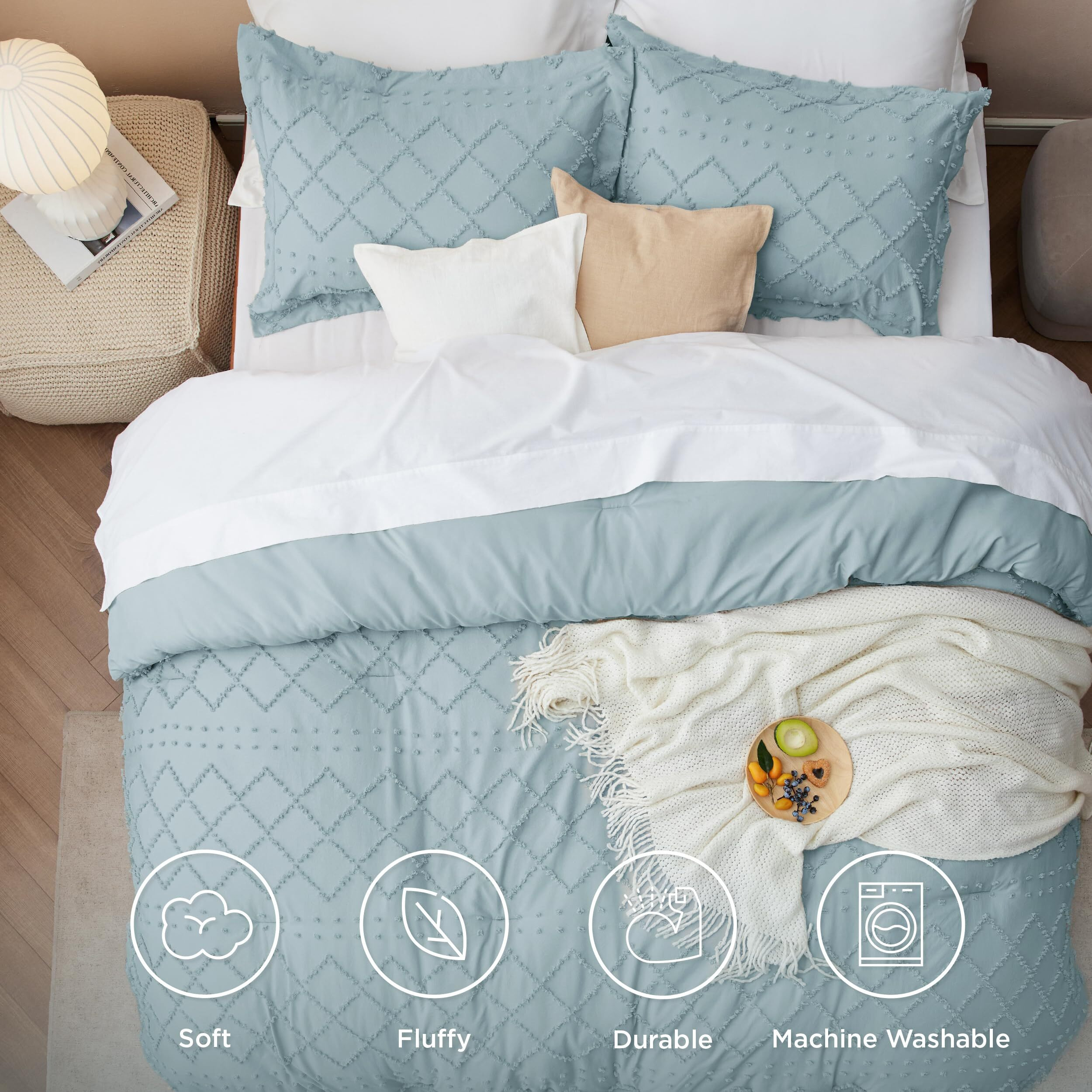 Bedsure Twin Comforter Set - Dusty Blue Comforter, Boho Tufted Shabby Chic Bedding, 2 Pieces Vintage Farmhouse Bed Set For All Seasons, Fluffy Soft Bedding With 1 Pillow Sham