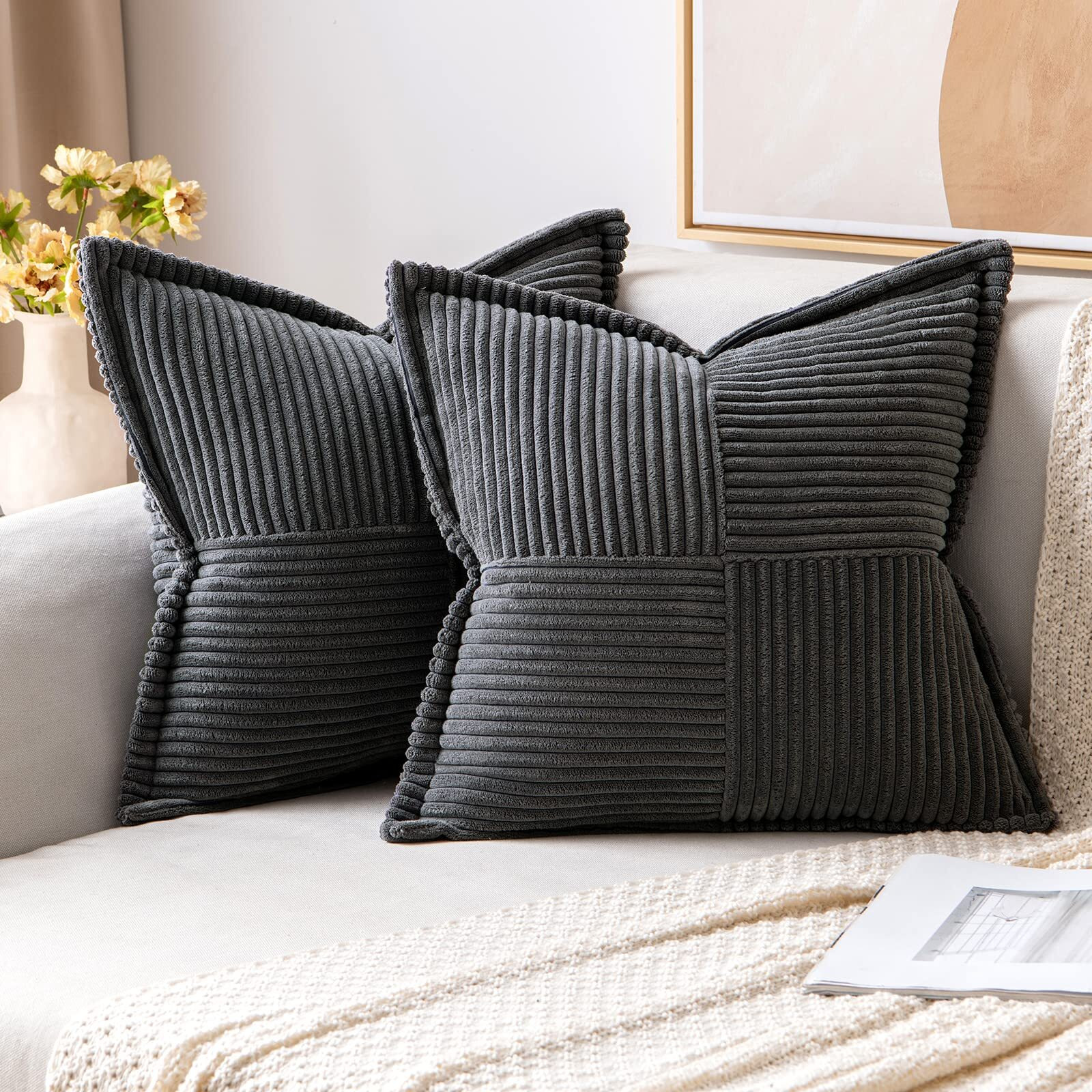 Miulee Dark Grey Corduroy Pillow Covers 18 X 18 Inch With Splicing Set Of 2 Super Soft Boho Striped Pillow Covers Broadside Decorative Textured Throw Pillows For Couch Cushion Bed Livingroom