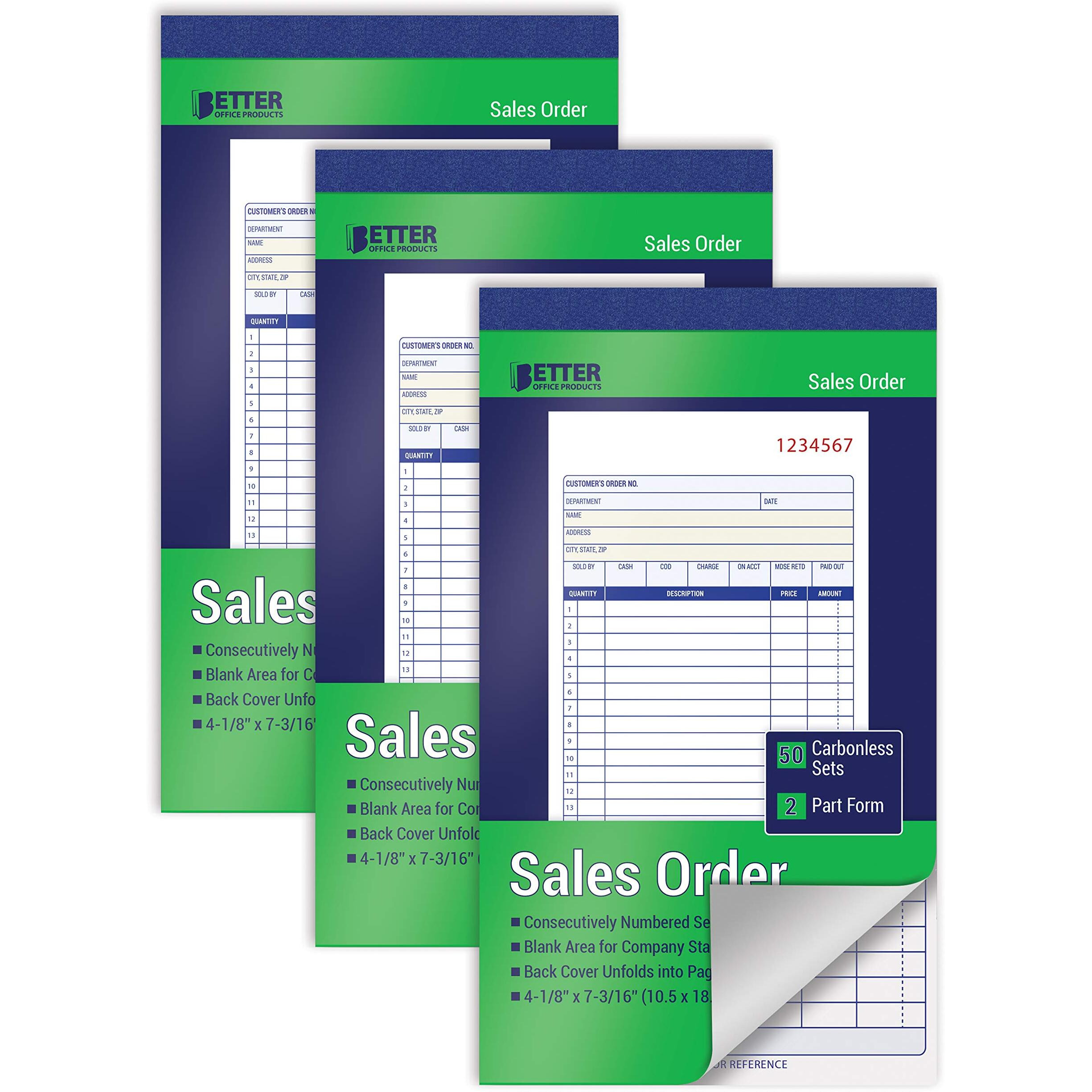 Sales Order Books, 3 Pack, 2-Part Carbonless (White/Canary Yellow), 4-1/8 X 7-3/16 Inches, By Better Office Products, 50 Sets Per Book, 150 Total Sets, 3 Books