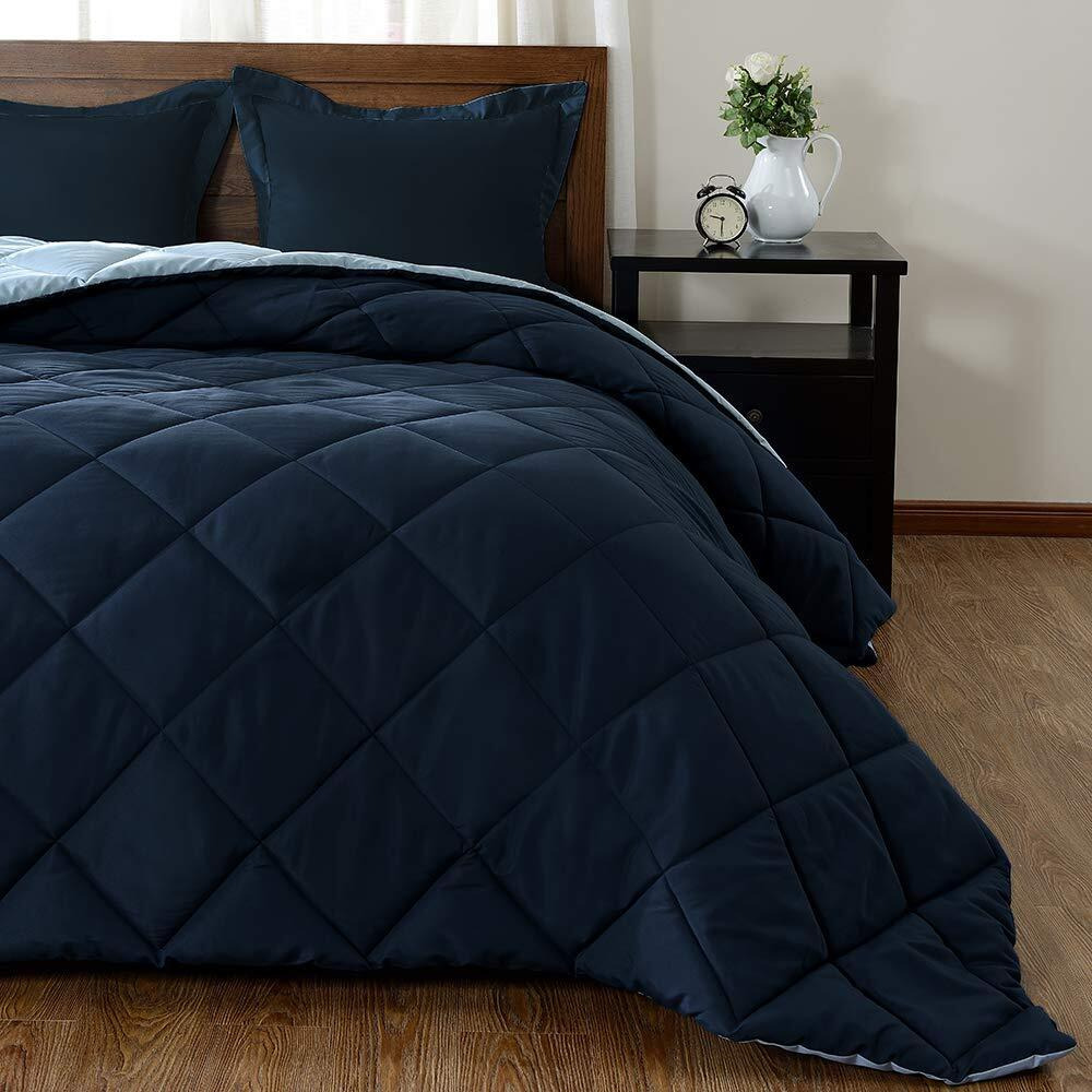 Downluxe Lightweight Solid Comforter Set (Queen) With 2 Pillow Shams - 3-Piece Set - Blue And Sapphire - Down Alternative Reversible Comforter