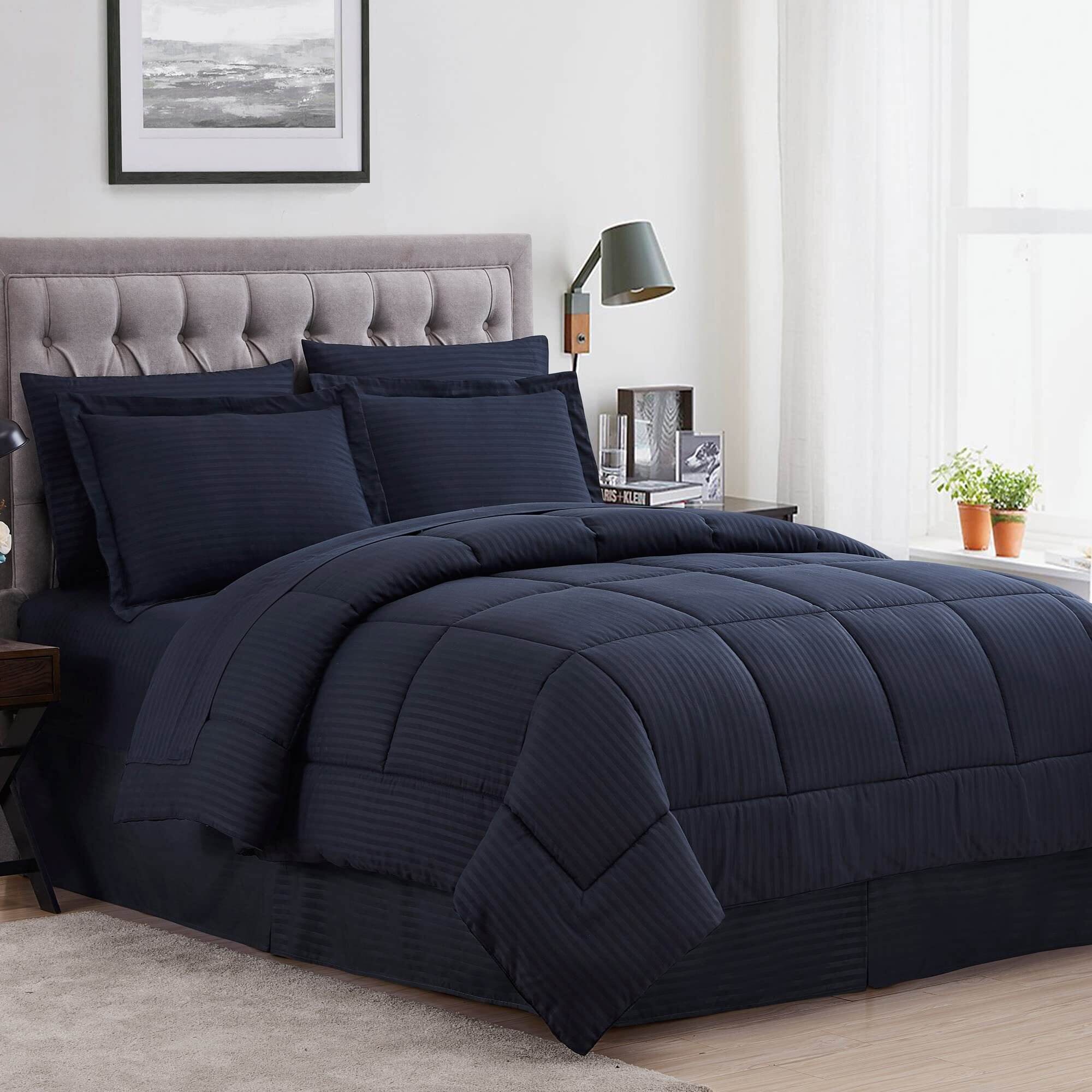 Queen Comforter Set 8 Piece Bed In A Bag With Bed Skirt, Fitted Sheet, Flat Sheet, 2 Pillowcases, 2 Pillow Shams, Queen, Dobby Navy