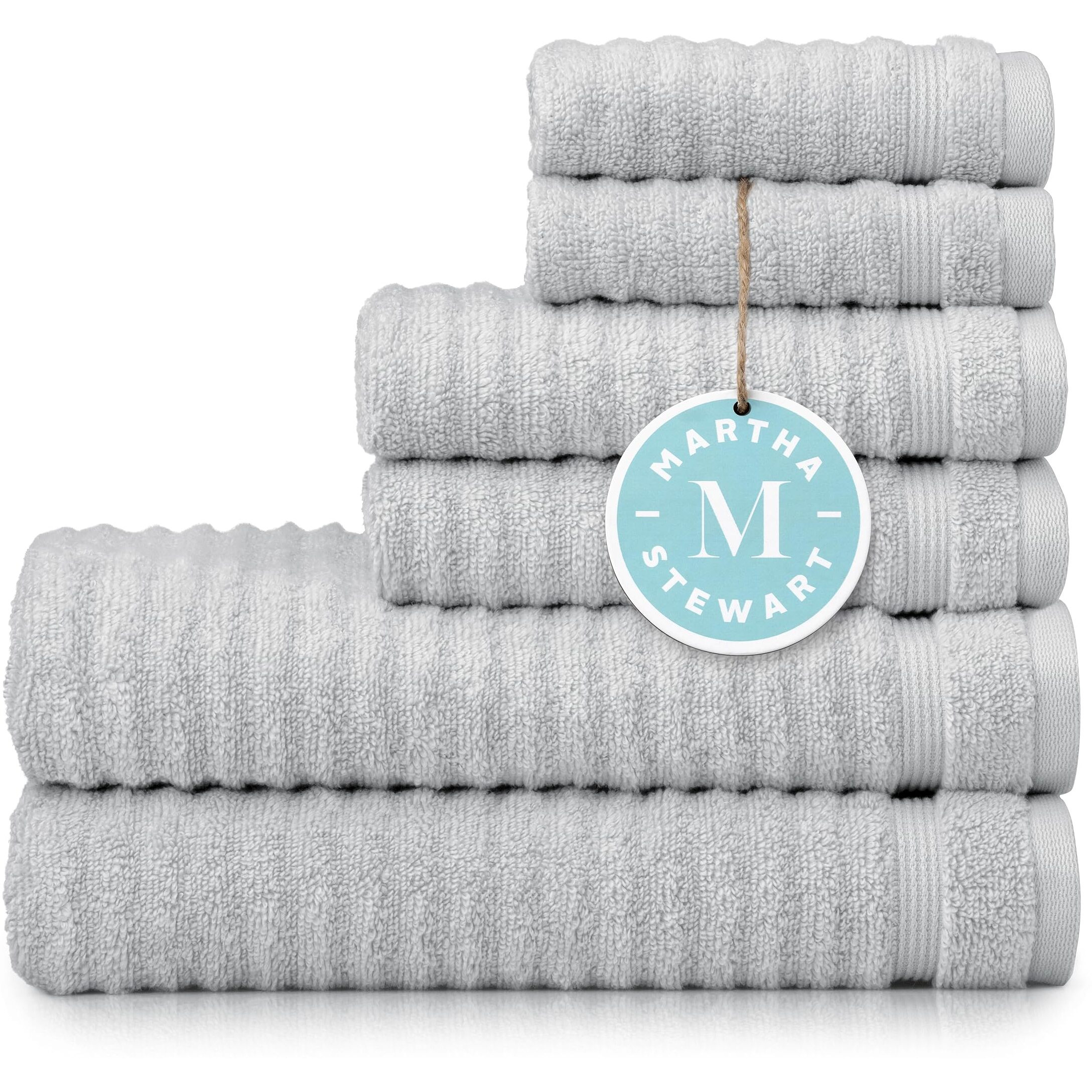 Martha Stewart 100% Cotton Bath Towels Set Of 6 Piece, 2 Bath Towels, 2 Hand Towels, 2 Washcloths, Quick Dry Towels, Soft & Absorbent, Bathroom Essentials, Textured Gray