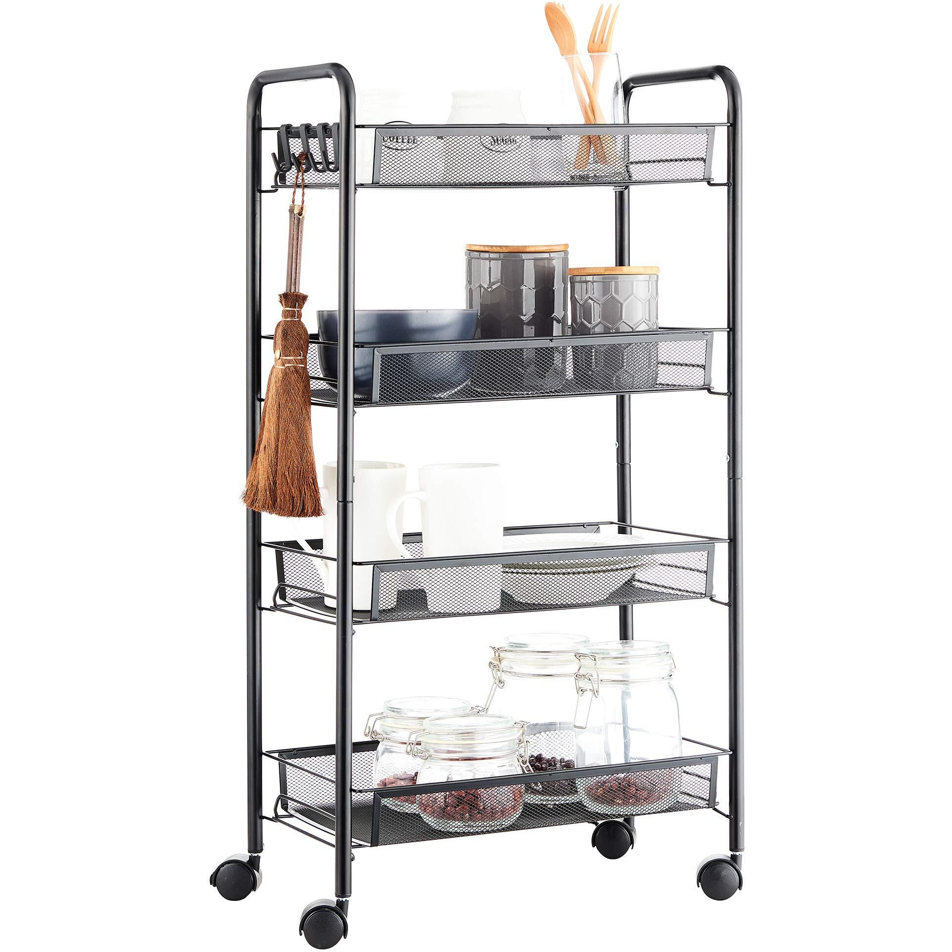 Jane Eyre Rolling Utility Storage Rack Cart On Wheels, Trolley Carft Cart, Multi-Purpose Organizer Shelf (Black, 4 Tier)