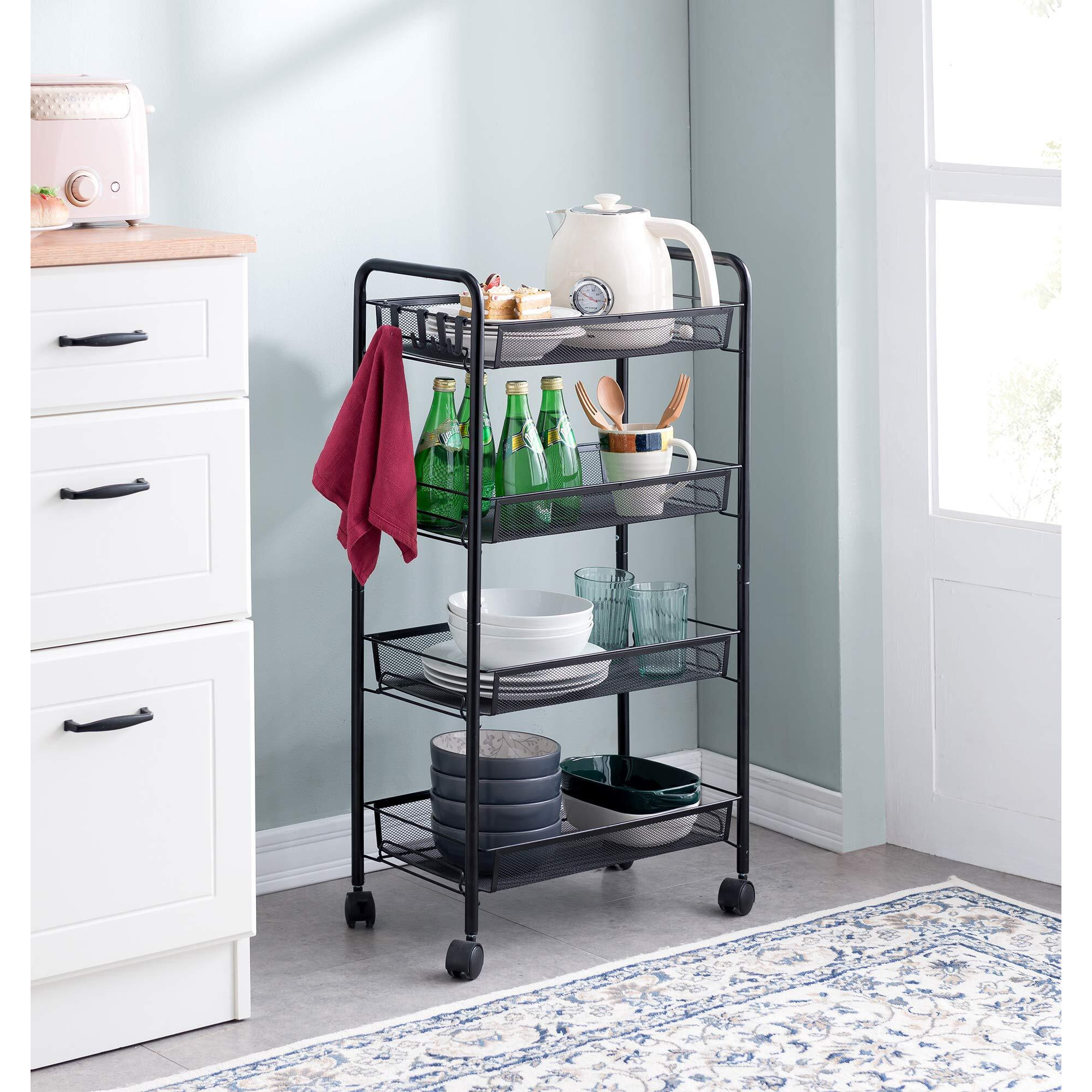 Jane Eyre Rolling Utility Storage Rack Cart On Wheels, Trolley Carft Cart, Multi-Purpose Organizer Shelf (Black, 4 Tier)