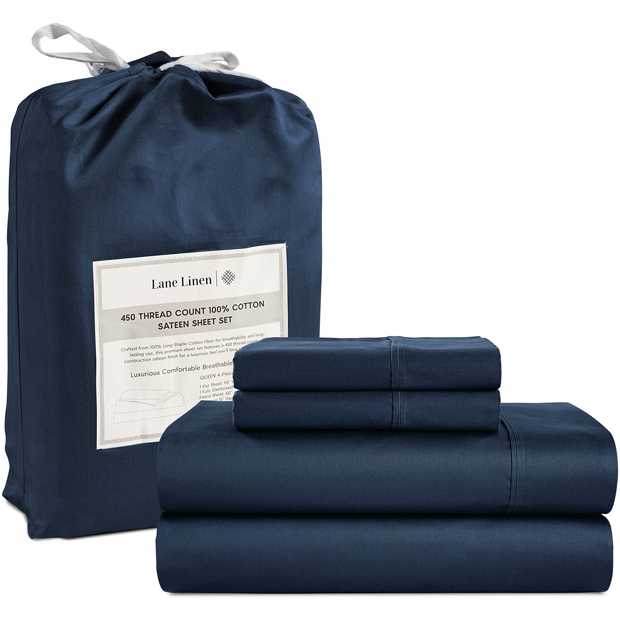 Lane Linen King Size Sheets Set - 4 Pc King Sheets Set, 450 Thread Count 100% Cotton Sheets For King Size Bed, Cooling Sheets, Breathable Bed Sheets King Size, King Sheets Deep Pocket - Estate Blue