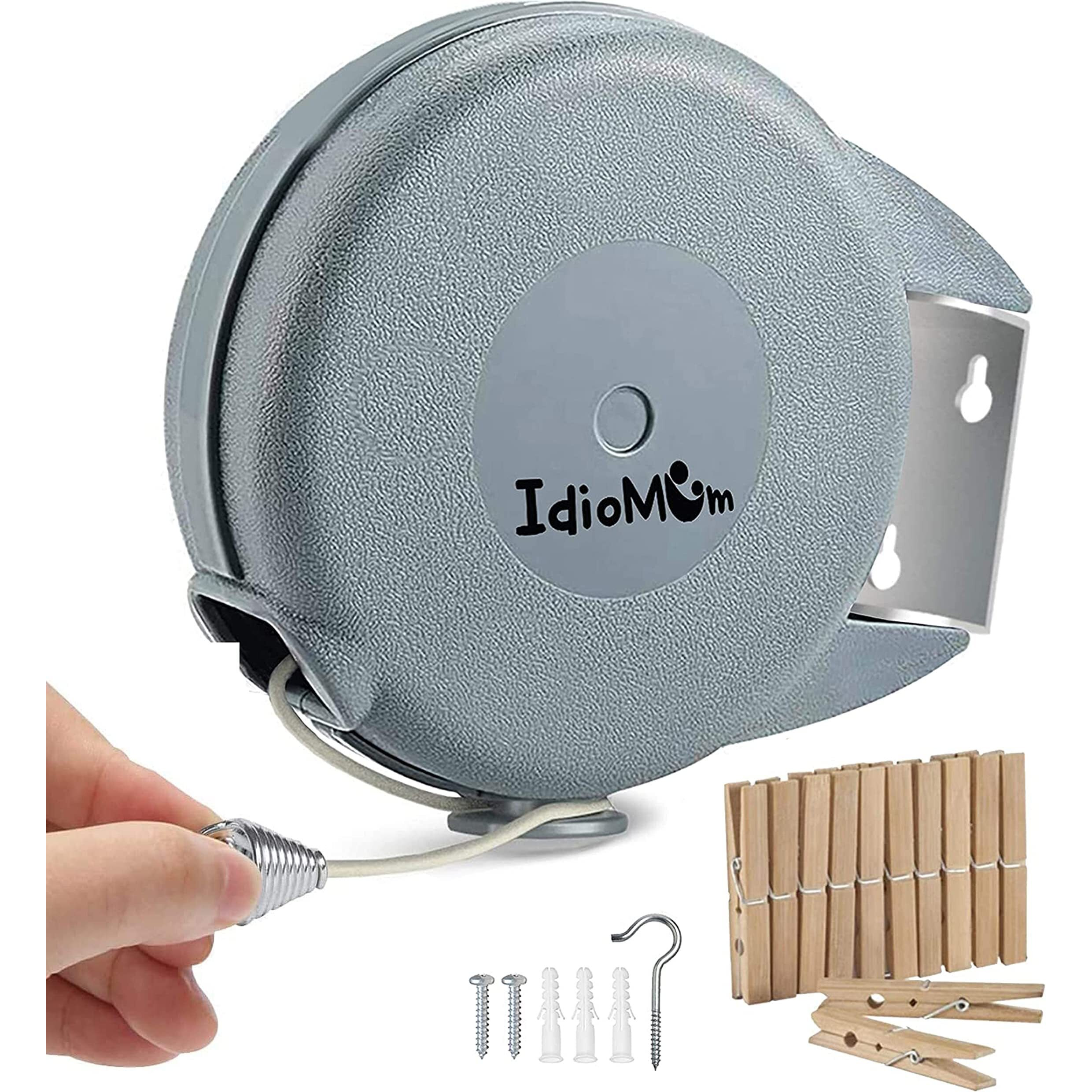 Idiomum Retractable Clothesline 40 Feet - Indoor Outdoor Heavy Duty - Pvc Clothes Line Retracting - Clothesline With Wall Mount - Retractable Laundry Line For Drying Clothes With 12 Clothespins