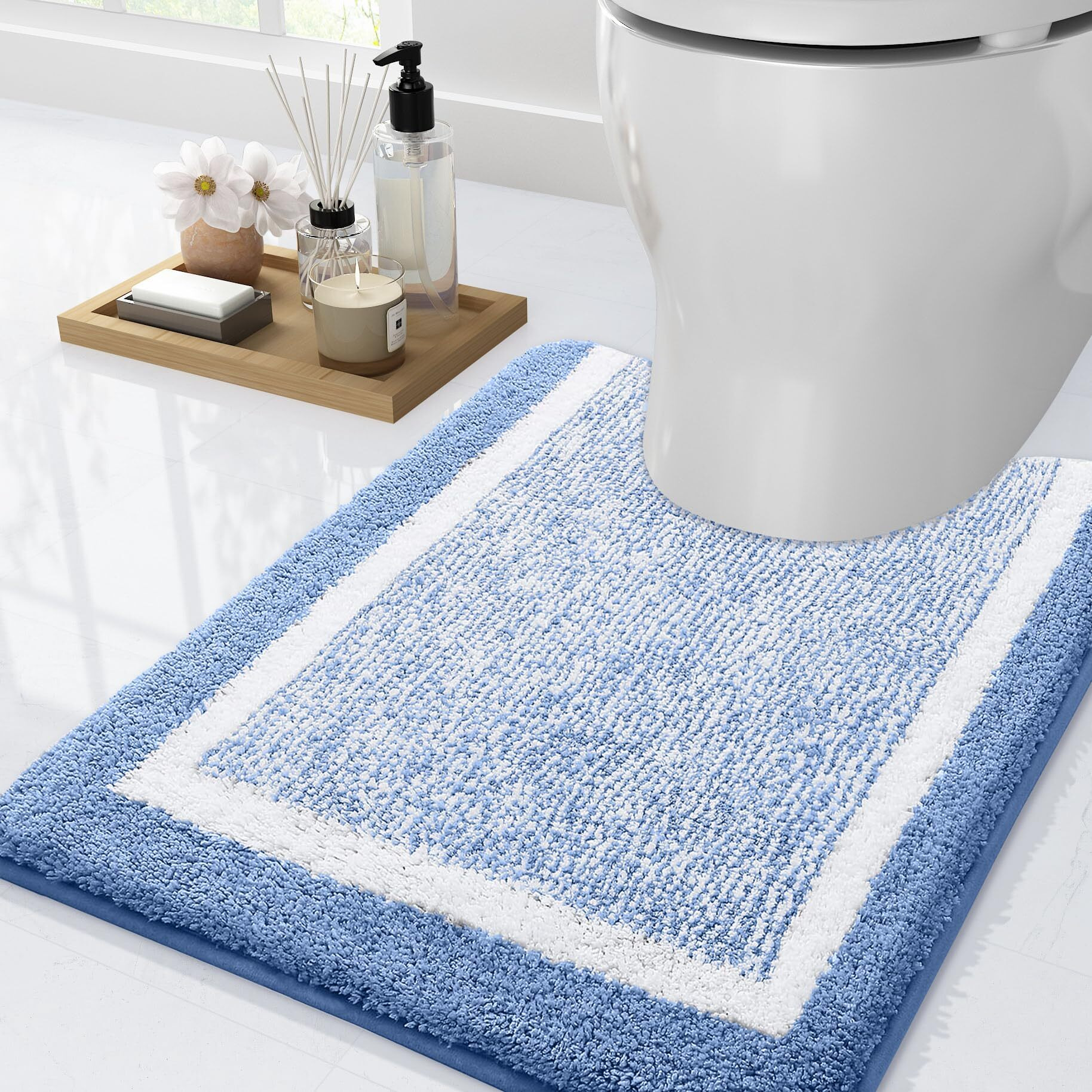 Olanly Luxury Toilet Rugs U-Shaped 24X20, Extra Soft And Absorbent Microfiber Bathroom Rugs, Non-Slip Plush Toilet Bath Mat, Machine Wash Dry, Contour Bath Rugs For Toilet Base (Blue And White)