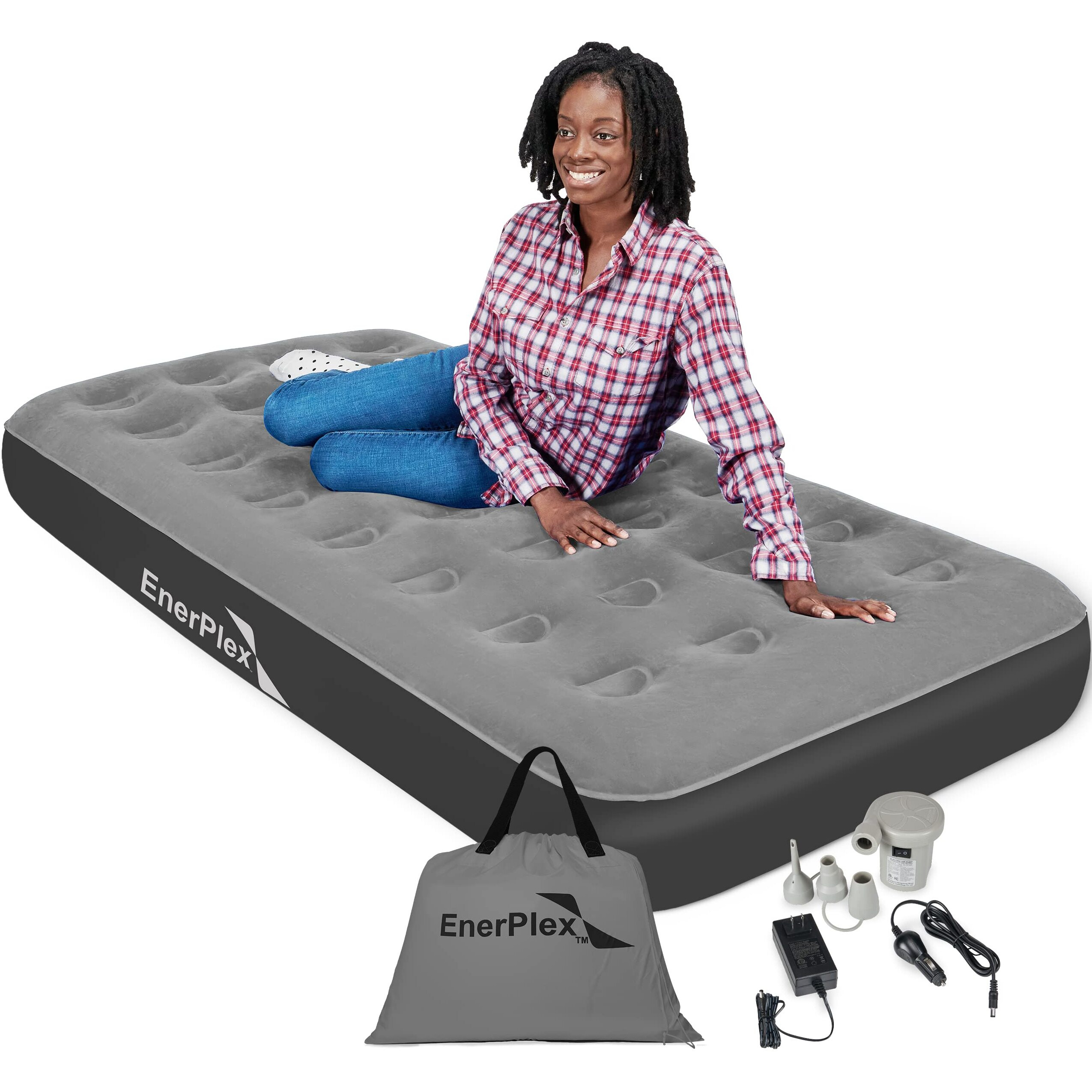 Enerplex Camping Air Mattress With Built In Pump - Twin Blow Up Mattress For Travel & Guests - Portable Bed For Adults And Kids - Grey