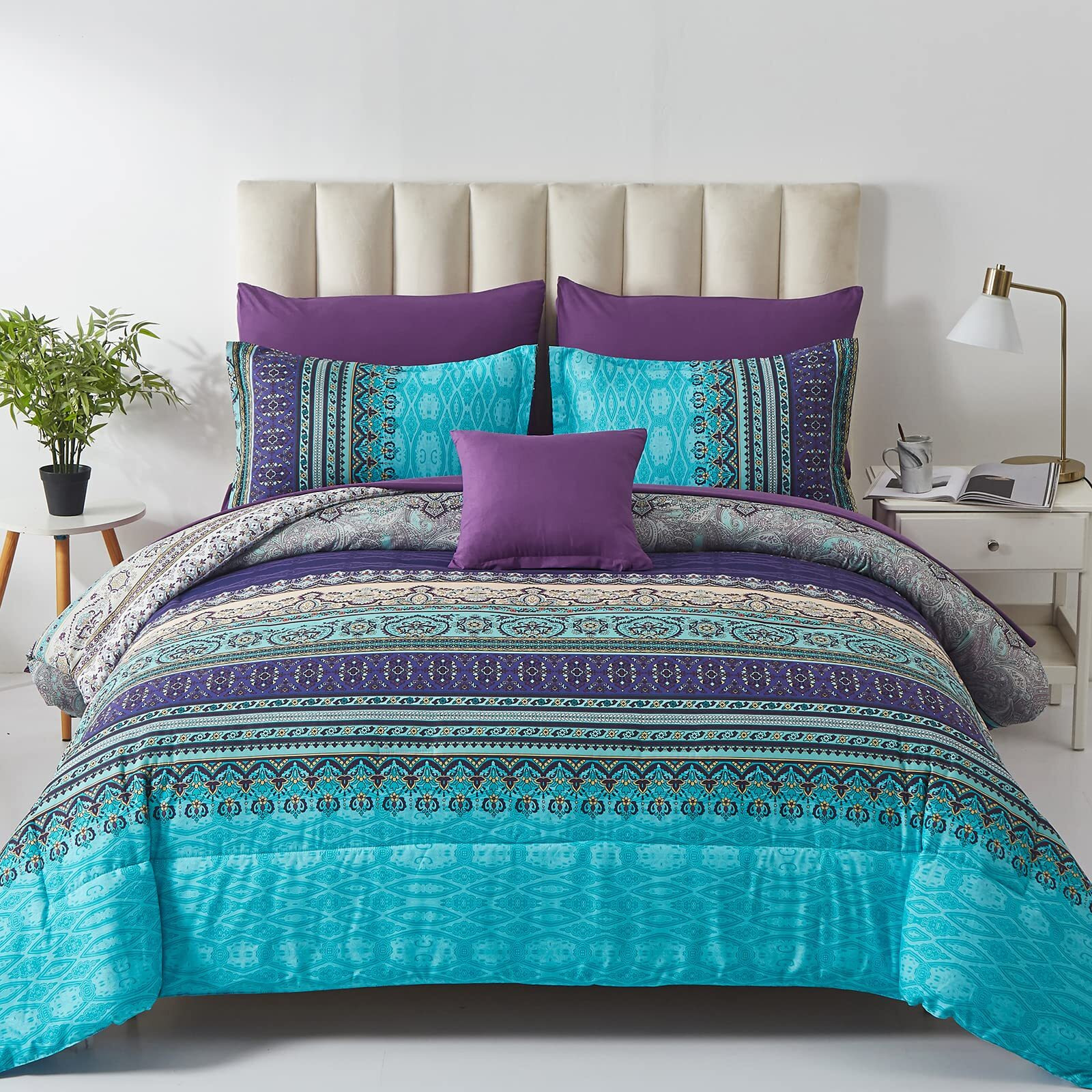 Boho Comforter Set Queen Size 8 Piece Bed In A Bag Bohemian Striped Bedding Quilt Set Aqua Paisley Floral Comforter And Sheet Set,Soft Microfiber Complete Bedding Sets For All Season