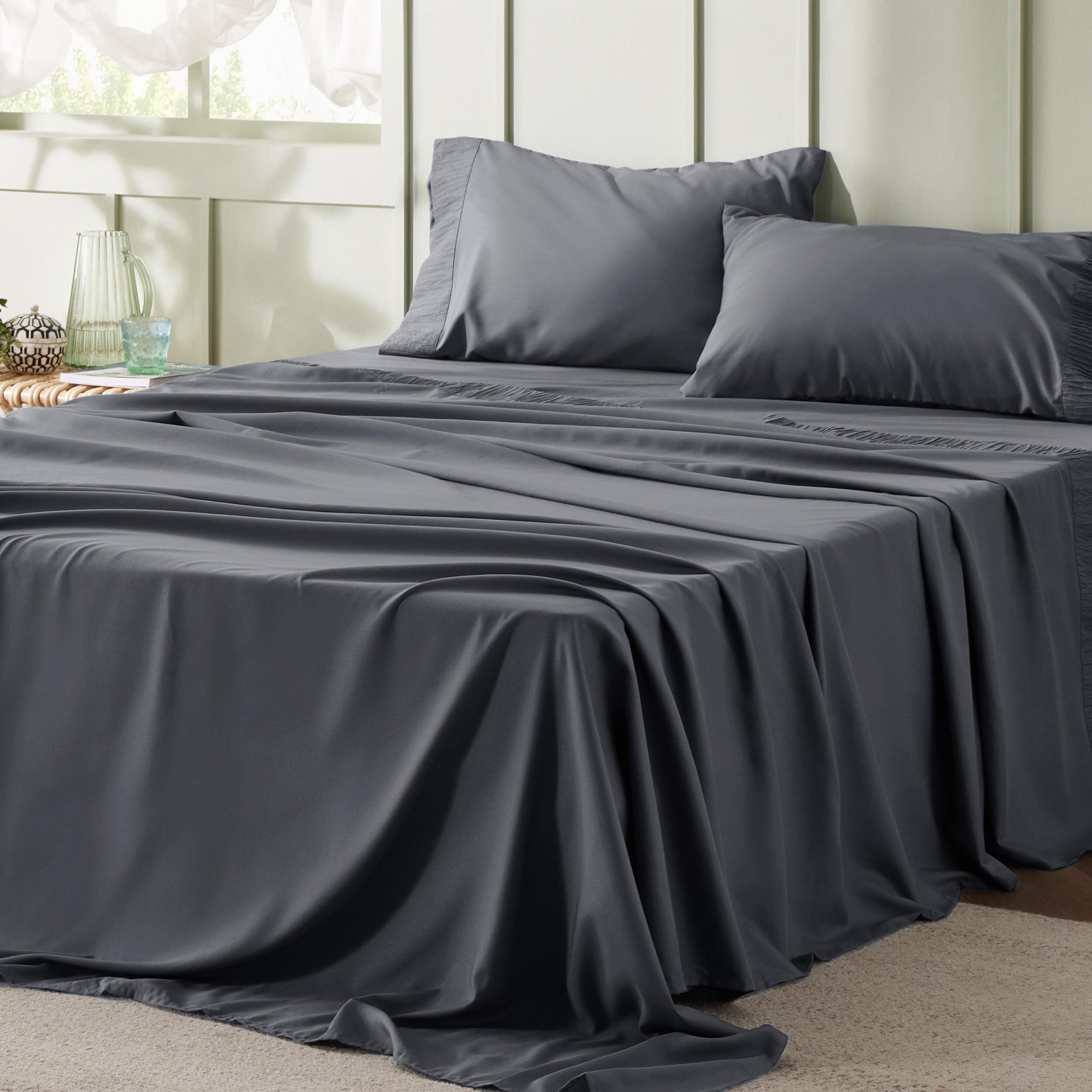 Bedsure California King Sheets Grey - Soft Sheets For California King Size Bed, 4 Pieces Hotel Luxury California King Sheet Sets, Easy Care Polyester Microfiber Cooling Bed Sheet Set