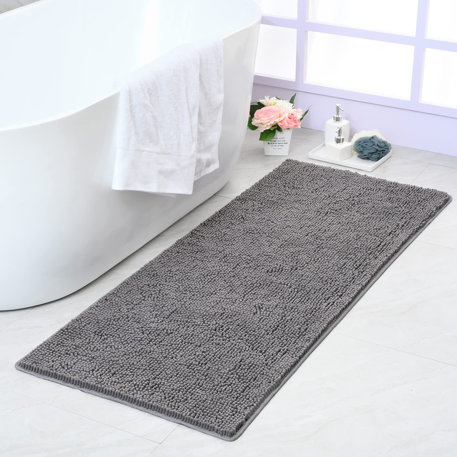 Noahas 24 ' 'X60 ' ' Grey Long Bathroom Rugs Runner,Absorbent Bath Mats For Bathroom Non-Slip,Washable Carpet,Soft Plush Chenille Shower Mats For Bathroom,Shaggy Durable Bath Rugs With Rubber Backing