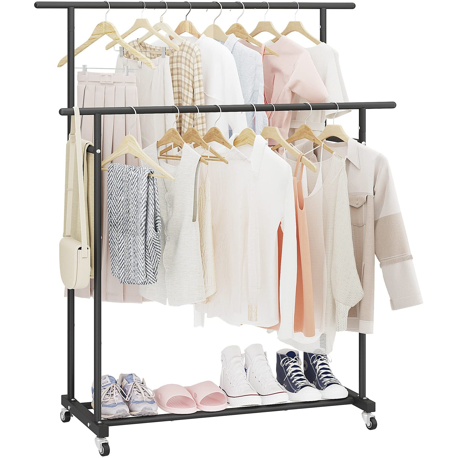 Calmootey Double Rod Clothing Garment Rack,Rolling Hanging Clothes Rack,Portable Clothes Organizer For Bedroom,Living Room,Clothing Store,Black