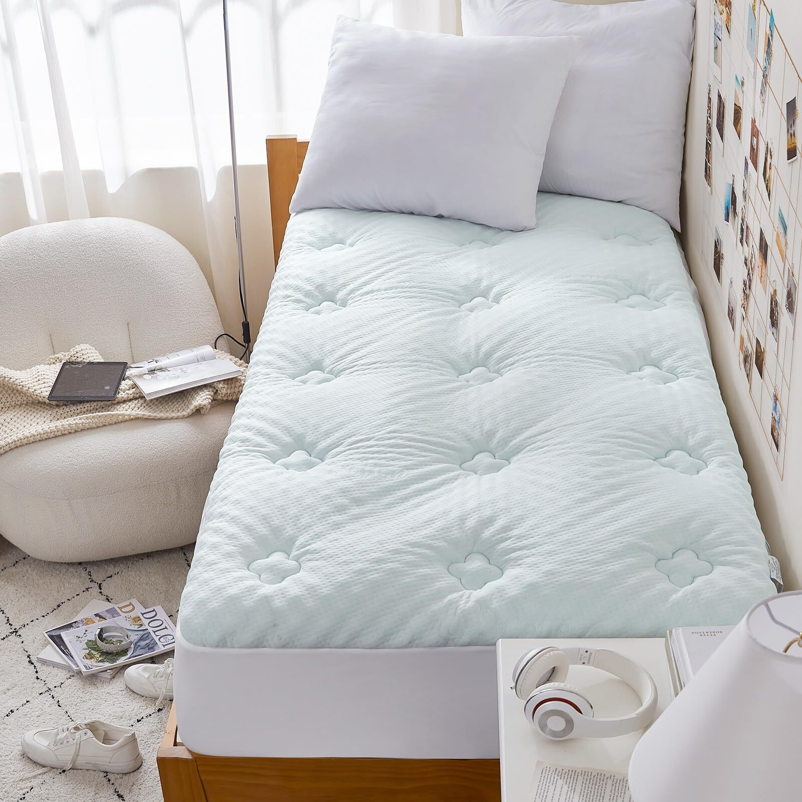 Hansleep Memory Foam Mattress Pad Twin, Cooling Twin Size Mattress Topper With Deep Pocket, Breathable Simple Bed Mattress Cover, 39X75 Inches, White