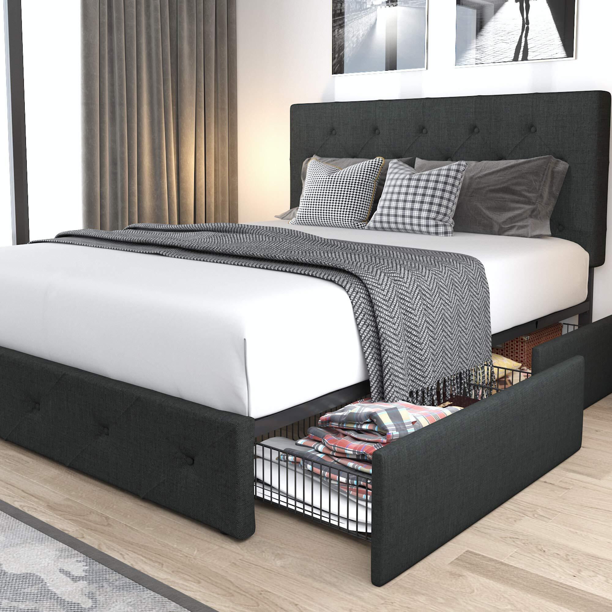 Allewie Upholstered Full Size Platform Bed Frame With 4 Storage Drawers And Headboard, Diamond Stitched Button Tufted, Mattress Foundation With Wooden Slats Support, No Box Spring Needed, Dark Grey