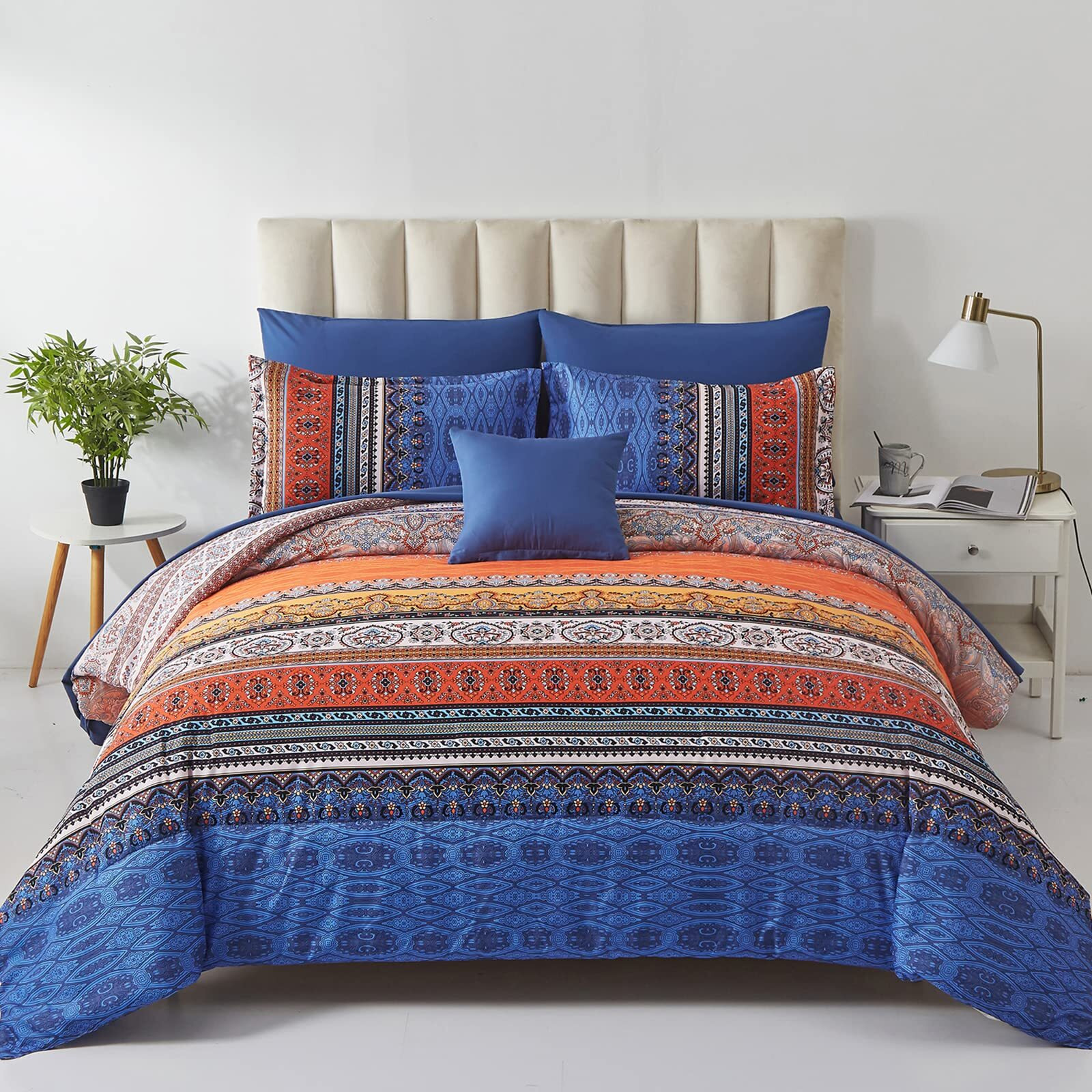 Boho Comforter Set Queen Size 8 Piece Bed In A Bag Burnt Orange Paisley Fall Comforter And Sheet Set Bohemian Striped Bedding Set,Soft Microfiber Complete Bedding Set