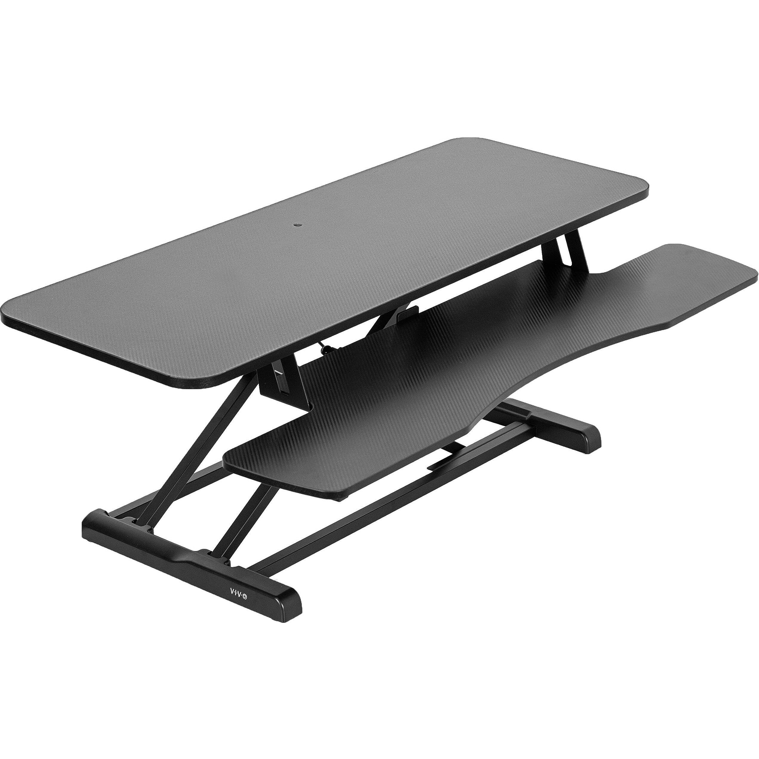 Vivo 42 Inch Desk Converter, K Series, Height Adjustable Sit To Stand Riser, Dual Monitor And Laptop Workstation With Wide Keyboard Tray, Black Carbon Fiber Top, Black Frame, Desk-V042Kr