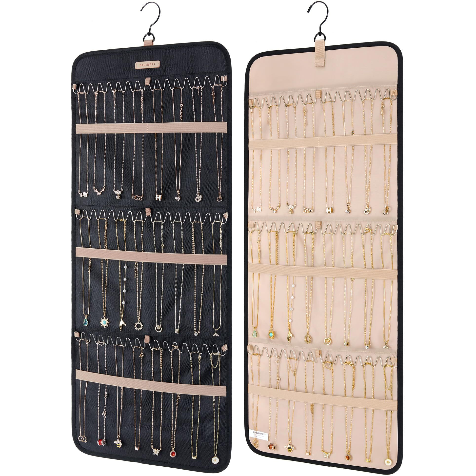 Bagsmart Hanging Necklaces Organizer Jewelry Holder Storage Roll With Hanger Metal Hooks Double-Sided Jewelry Organizer For Necklaces, Bracelets On Closet, Wall, Door, 1 Piece, Large Black