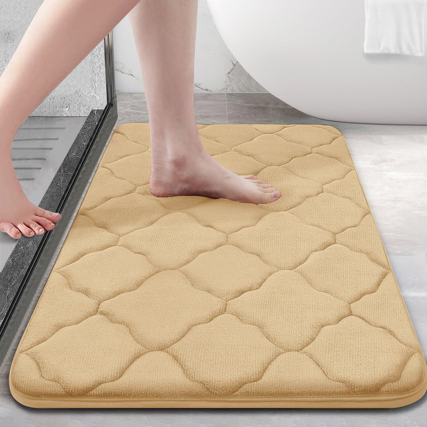 Olanly Memory Foam Bath Mat Rug 24X16, Ultra Soft Non Slip And Absorbent Bathroom Rug, Machine Wash Dry, Comfortable, Thick Bath Rug Carpet For Bathroom Floor, Tub And Shower, Beige