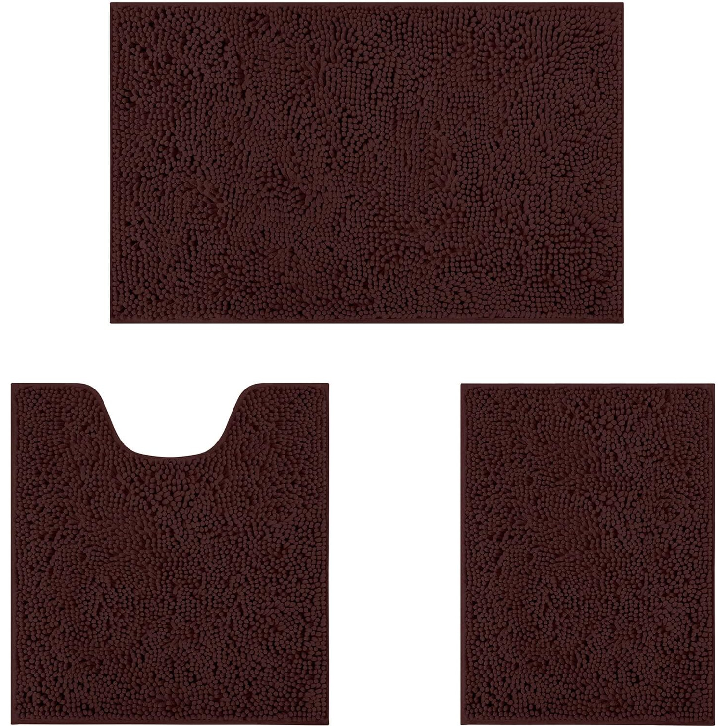 Homeideas 3 Pieces Bathroom Rugs, Ultra Soft Non Slip Absorbent Chenille Toilet Bath Mat Set (Brown)