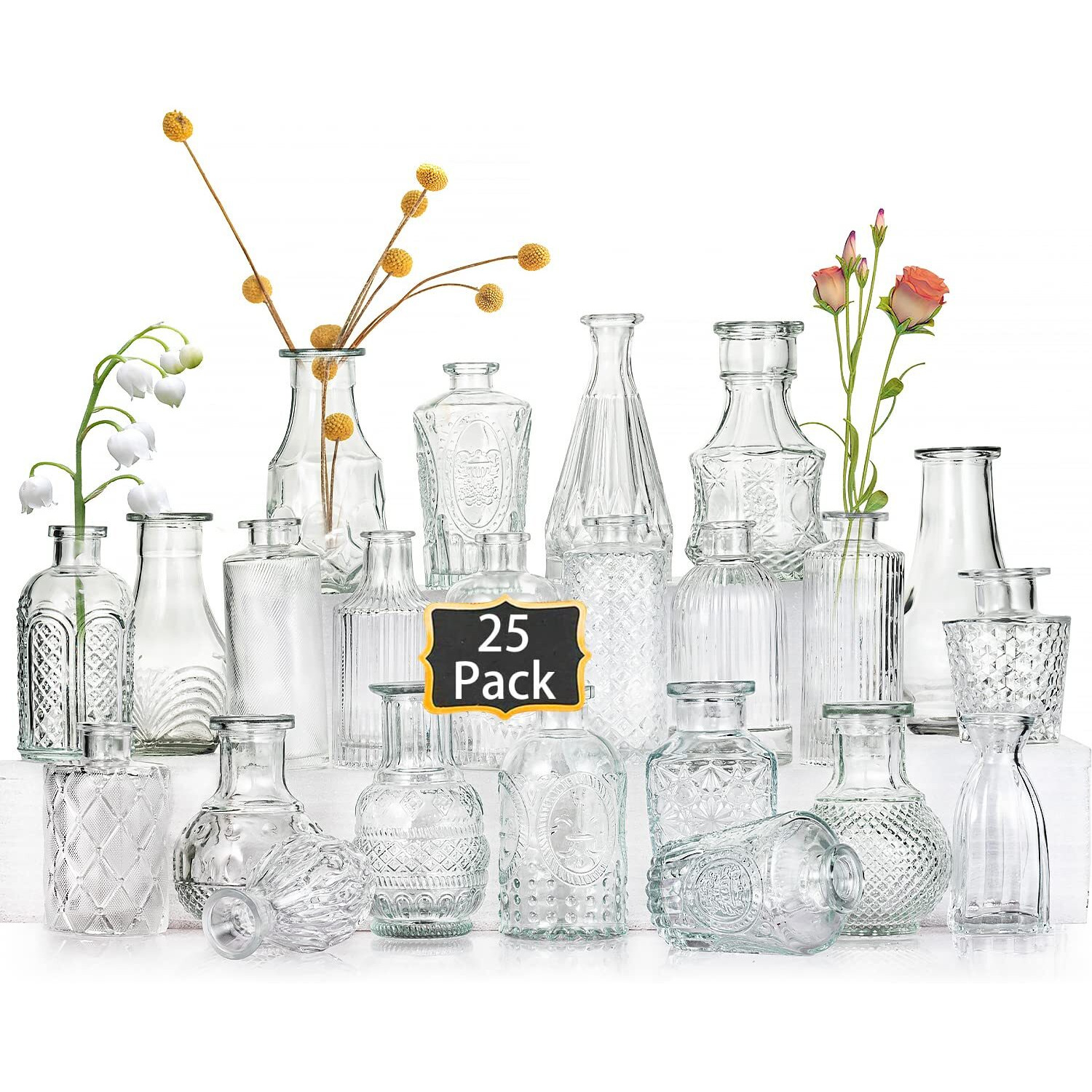Glass Bud Vases Set Of 25,Small Clear Vases For Flowers, Vintage Vases In Bulk For Centerpieces,Mini Glass Vase Assorted For Rustic Wedding,Floral Arrangements,Home Table Decorations
