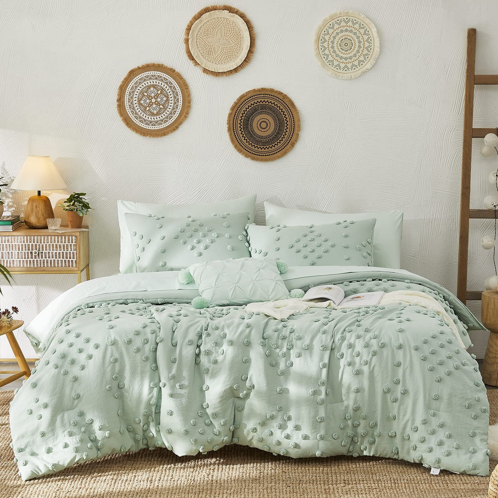 Geniospin Sage Green Full Comforter Set 8 Pieces, Bed In A Bag Queen With Comforters, Sheets, Pillowcases & Shams, Boho Pom Design, All Season Down Alternative Bedding Sets (Full, 80X90 Inches)