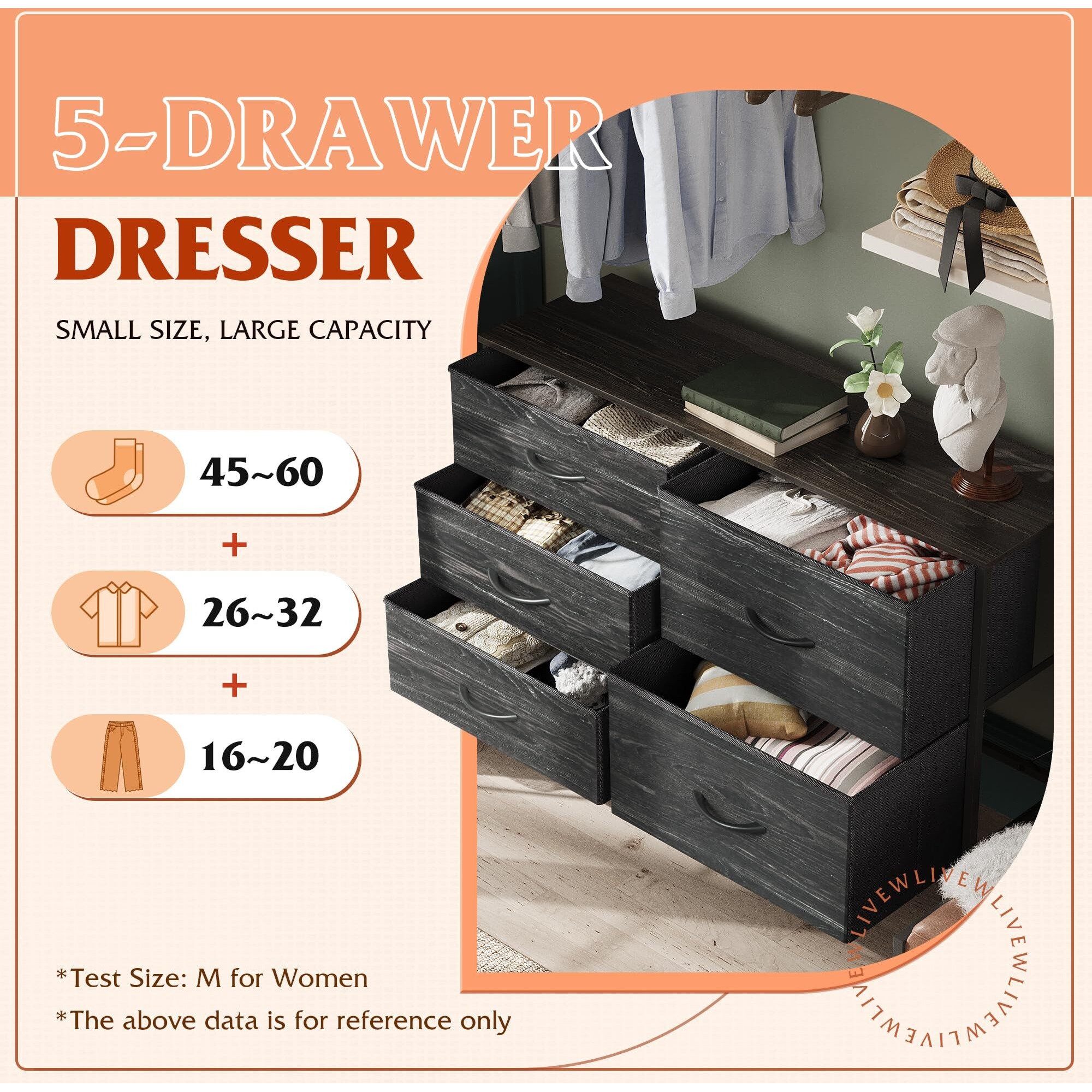 Wlive Dresser For Bedroom With 5 Drawers, Wide Dressers With Drawer Organizers, Chest Of Drawers, Fabric Dresser For Living Room, Closet, Hallway, Charcoal Black Wood Grain Print
