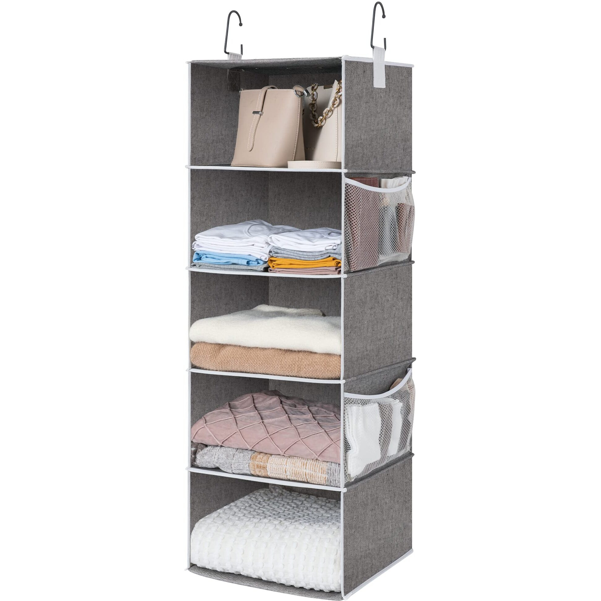 Storageworks 5-Shelf Jumbo Hanging Storage Closet, Hanging Organizer For Closet Rod, Hanging Cloth Organizer Storage, Canvas, Gray, 13"" D X 15"" W X 47