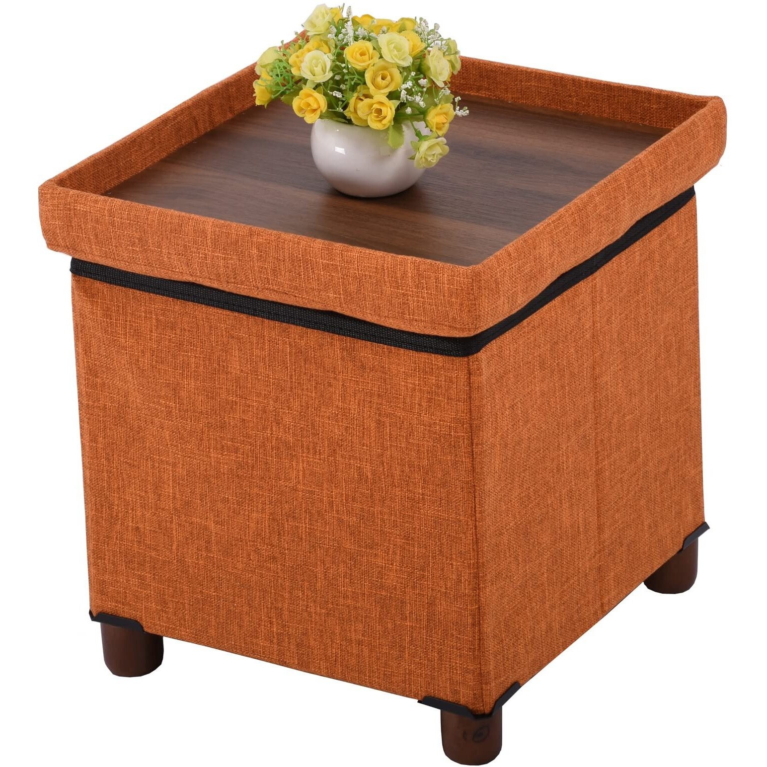 15 Inches Storage Ottoman With Wooden Legs Cube Foot Rest Stool, Square Footstool Storage, Ottoman With Storage For Living Room, Foldable Fabric Ottoman, Comfortable Seat With Lid, Space-Saving Orange