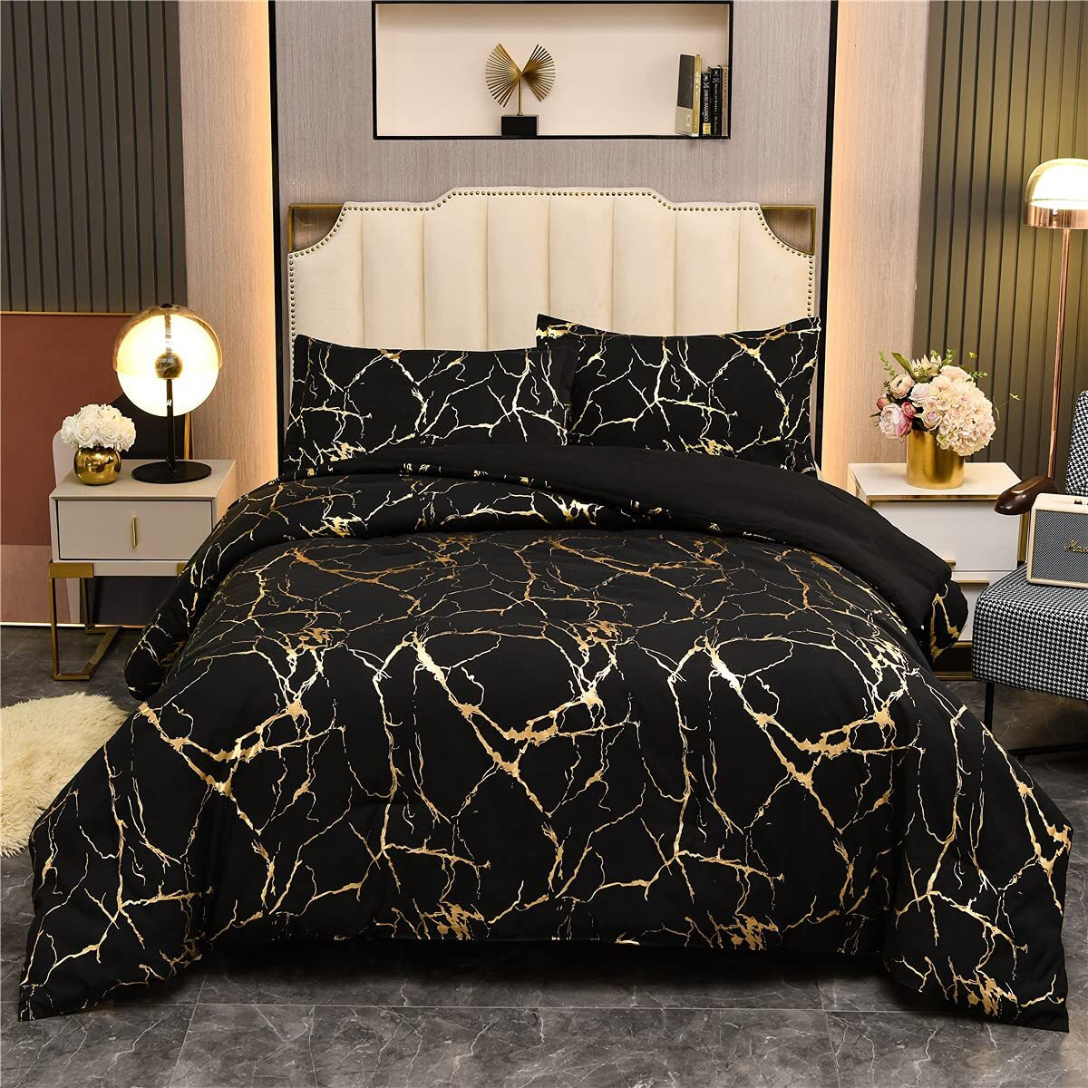 Holawakaka Gold Metallic Marble Comforter Set King Size Foil Print Glitter Bedding Sets,Black/Gold,King
