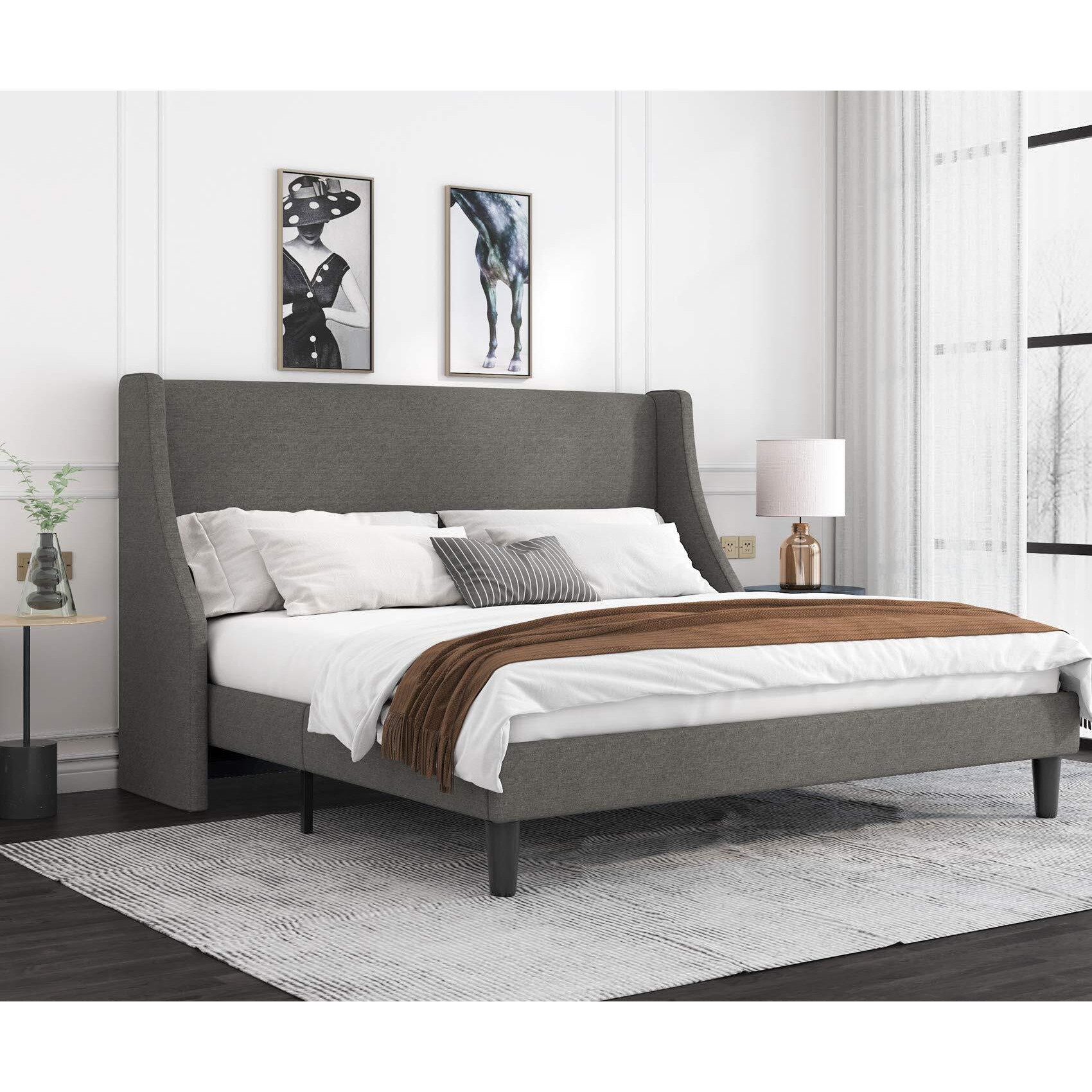 Allewie King Size Bed Frame, Platform Bed Frame With Upholstered Headboard, Modern Deluxe Wingback, Wood Slat Support, Mattress Foundation, Light Grey