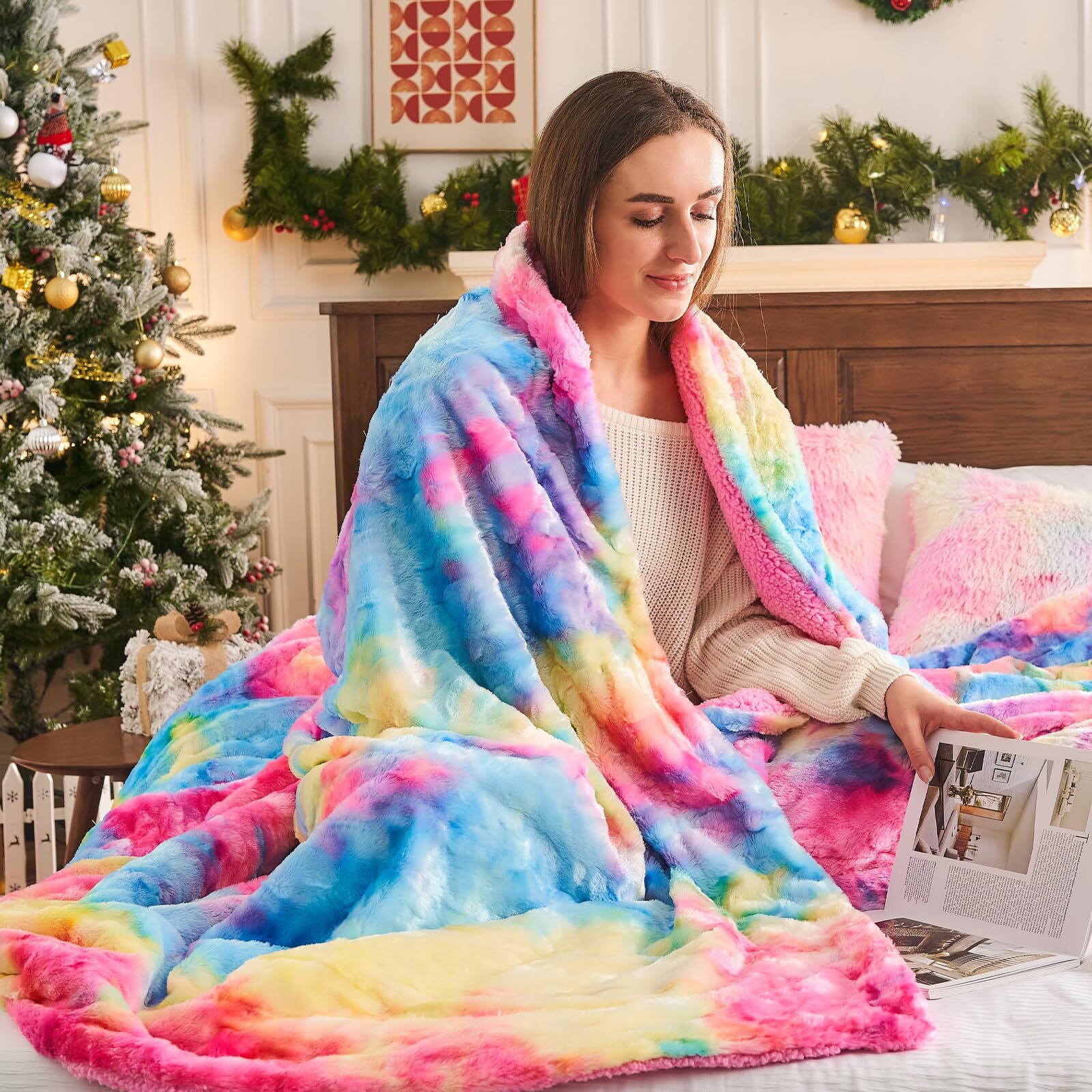 Newcosplay Super Soft Faux Fur Throw Blanket For Couch Dark Rainbow Sherpa Fuzzy Plush Warm Blanket For Sofa Bed (Dark Rainbow, Throw(40 "&quotX50 ""))