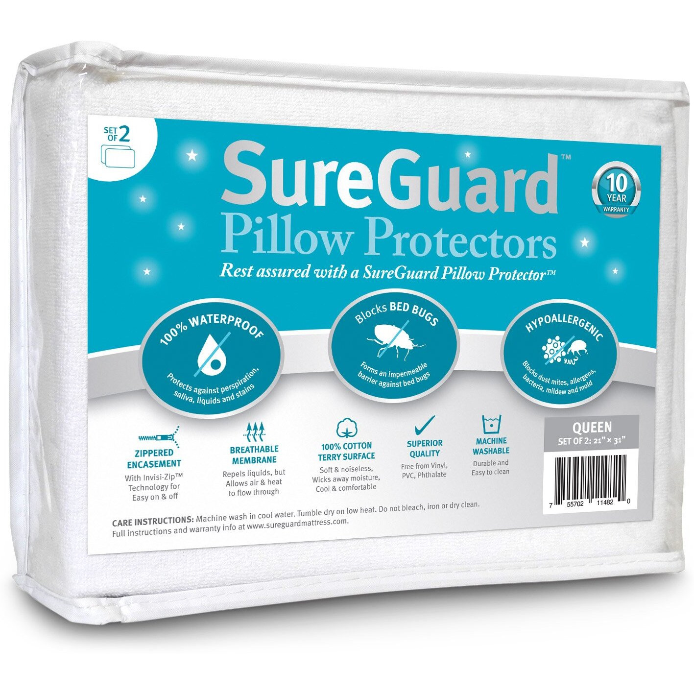 Set Of 2 Queen Size Sureguard Pillow Protectors - 100% Waterproof, Bed Bug Proof, Hypoallergenic - Premium Zippered Cotton Terry Covers
