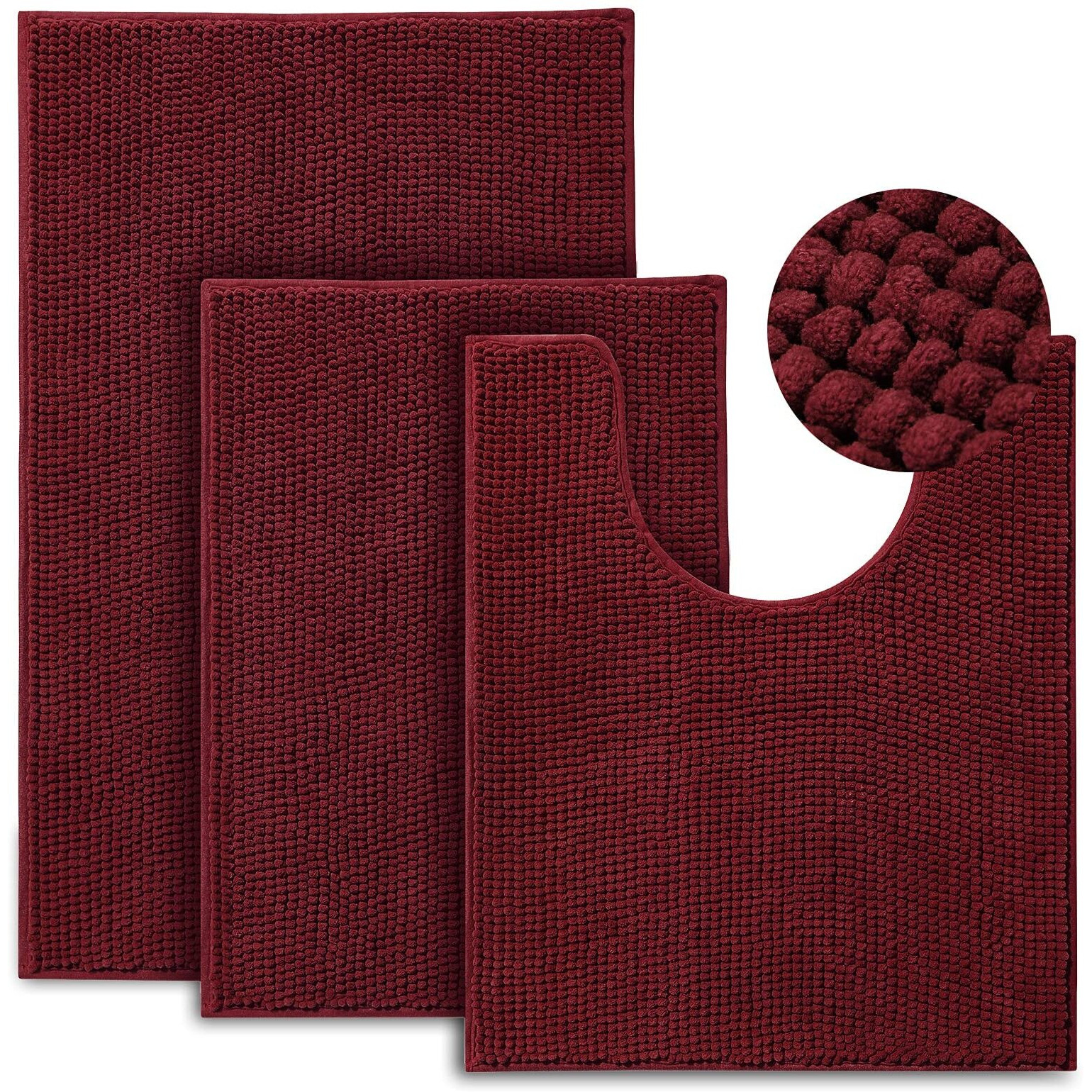 Urvoix Bathroom Rugs Set - 3 Pieces Ultra Soft Non-Slip Bath Mats, Chenille Absorbent Bath Rugs For Bathroom, Tub And Shower (Burgundy)