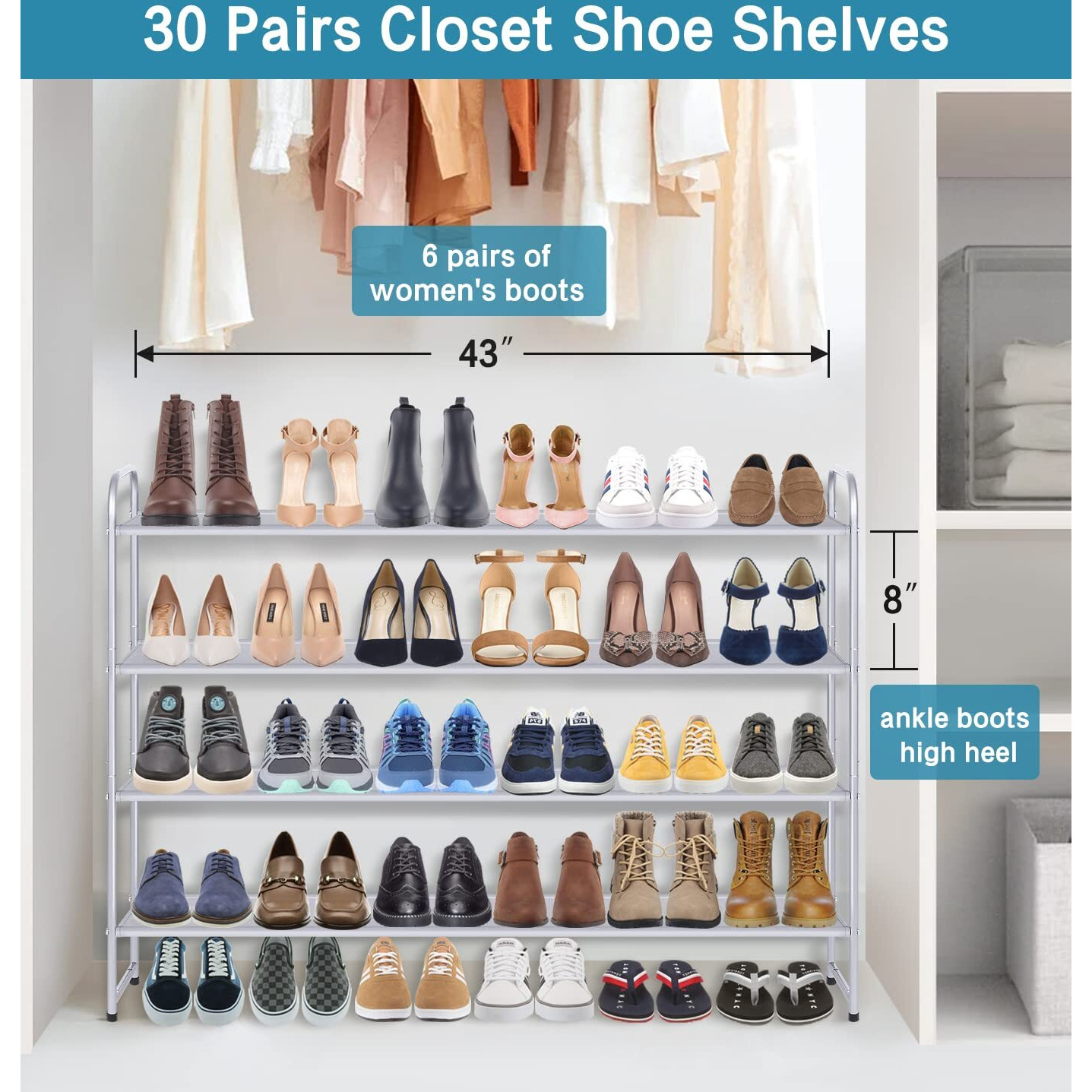 Kimbora Long Shoe Rack For Closet, 30 Pairs Stackable Shoe Storage Organizer Wide 4 Tier Sneaker Shelf For Bedroom Floor (Grey)