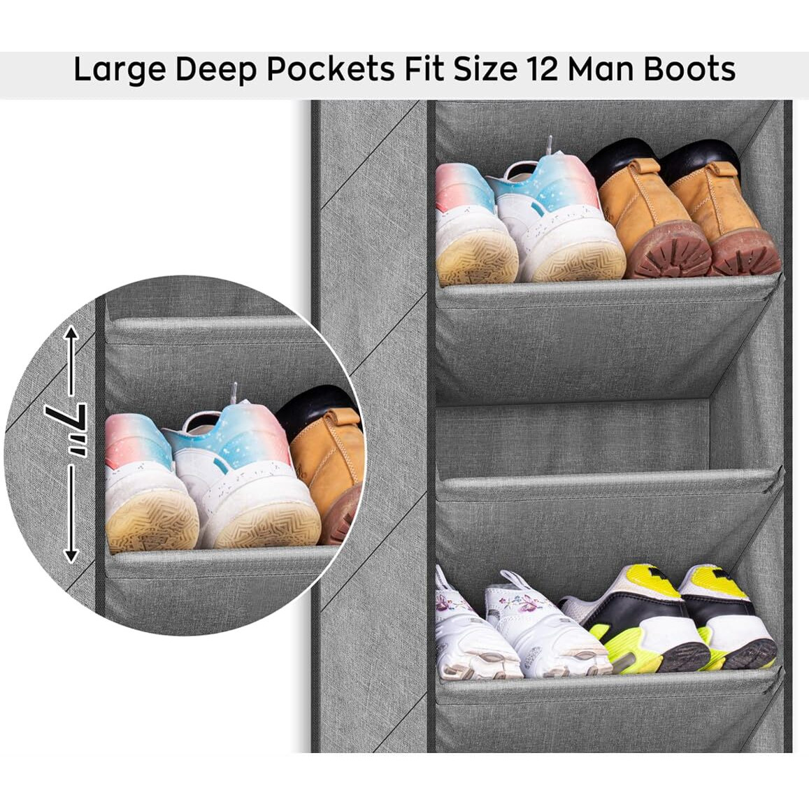 Sleeping Lamb Over The Door Shoe Organizer For Closet With Large Deep Pockets, Narrow Shoe Rack For Door Hanging Boots Storage, Grey