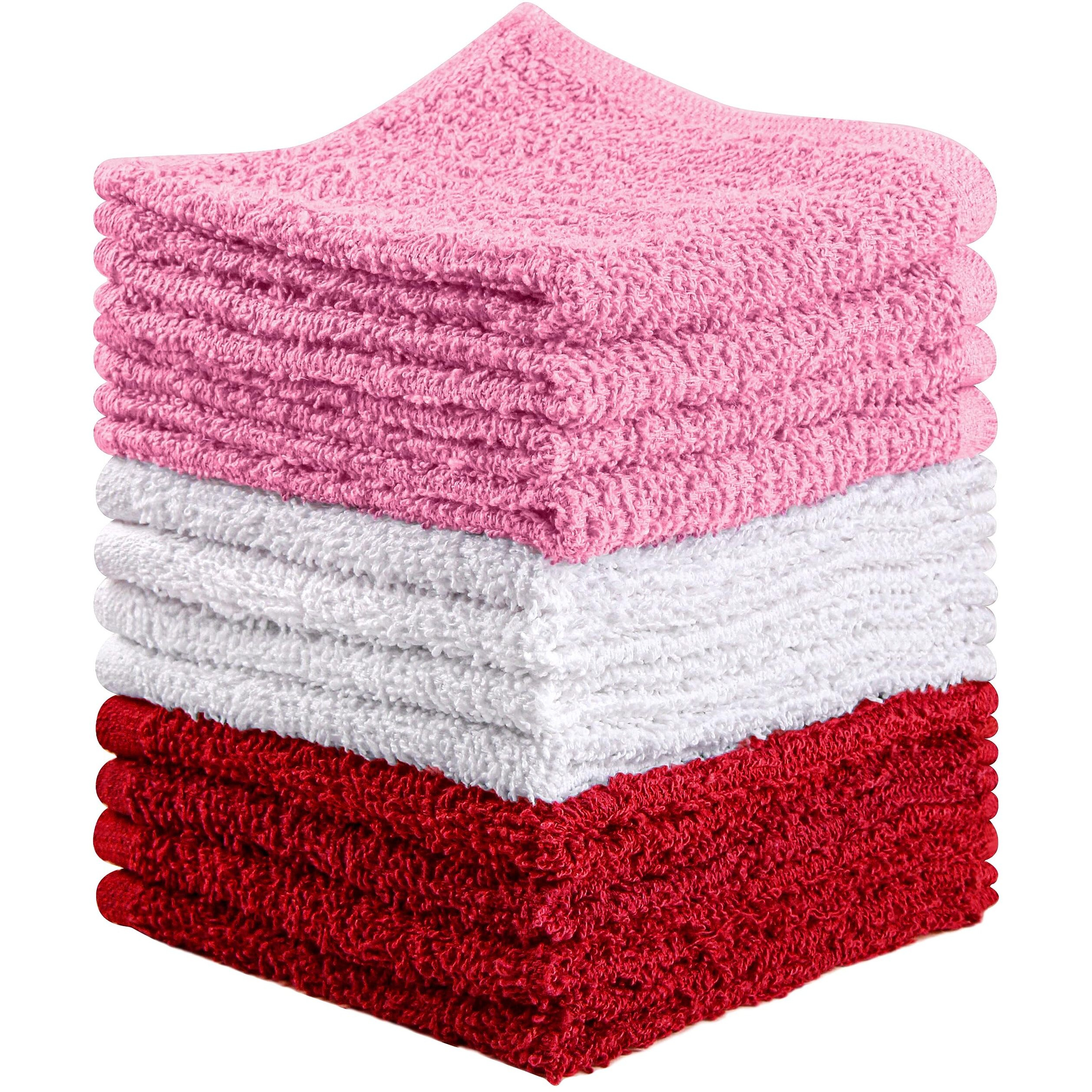 Towel And Linen Mart 100% Cotton - Wash Cloth Set - Flannel Face Cloths, Highly Absorbent And Super Soft Feel Fingertip Towels (Pack Of 12, Red, White & Pink)