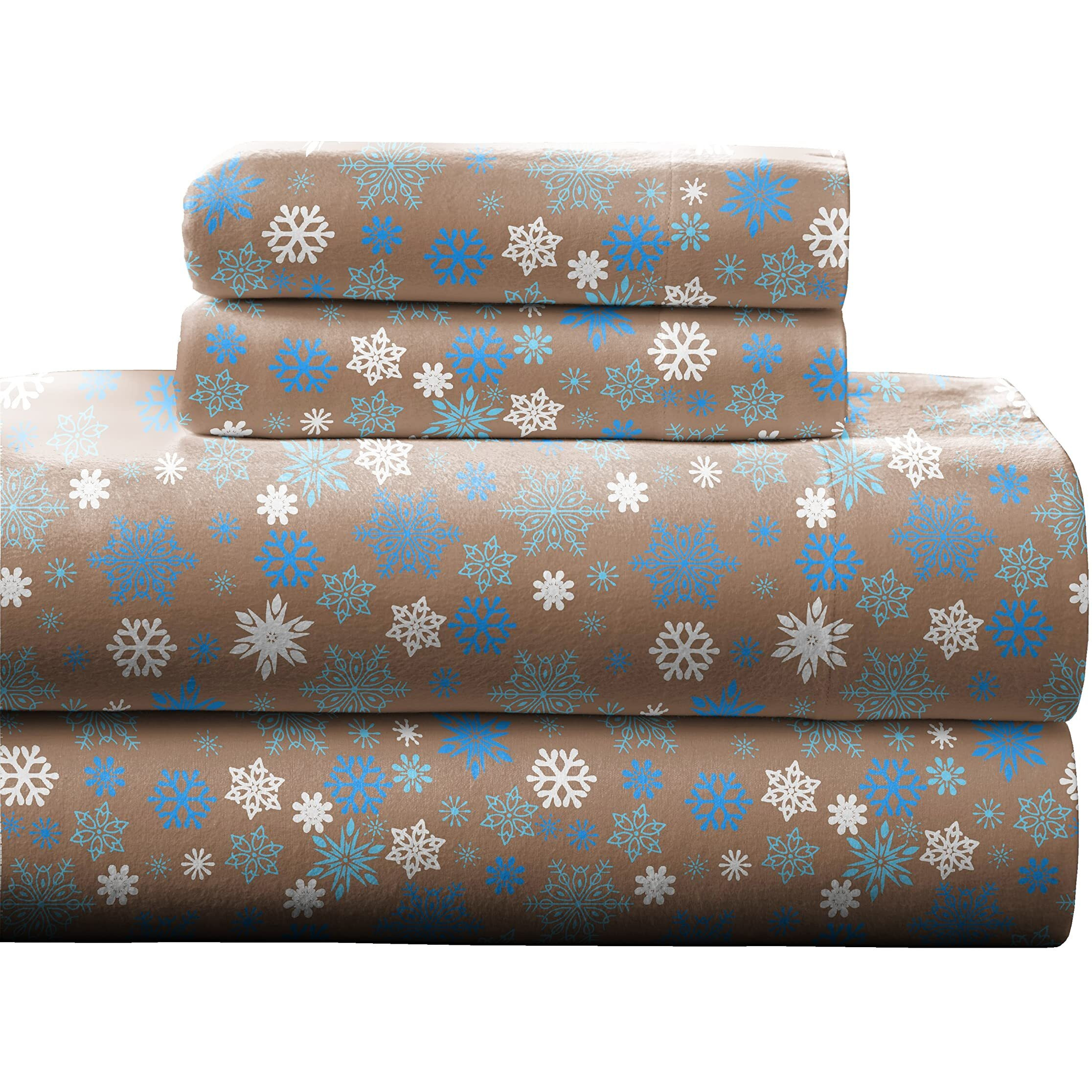 Pointehaven Heavy Weight Flannel Cotton Sheet Set,1 Piece Queen, Snow Flakes/Tan