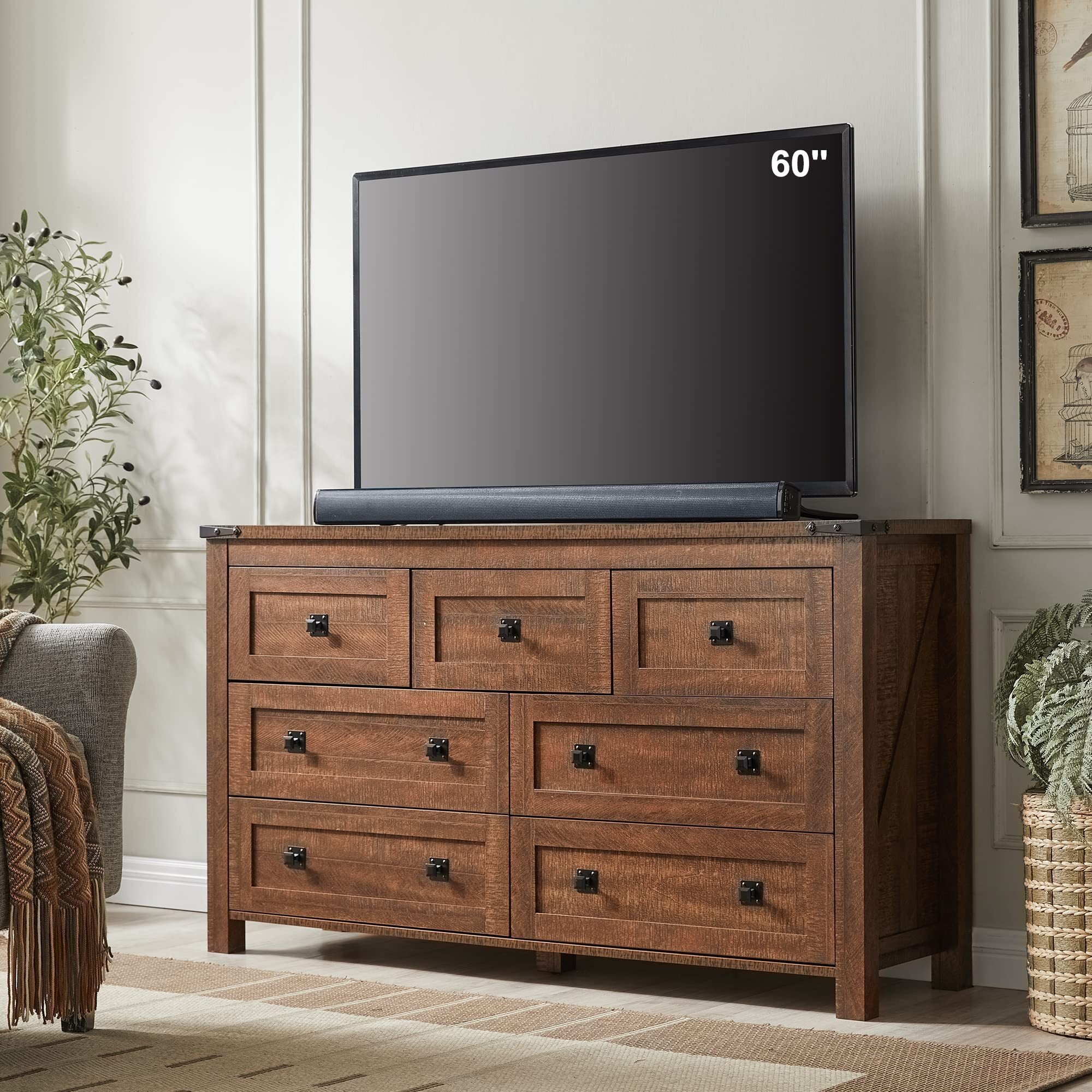 T4Tream Farmhouse 7 Drawers Dresser For Bedroom, Wood Rustic Dresser Tv Stand, Storage Dressers Organizer For Bedroom, Living Room,Hallway, Reclaimed Barnwood