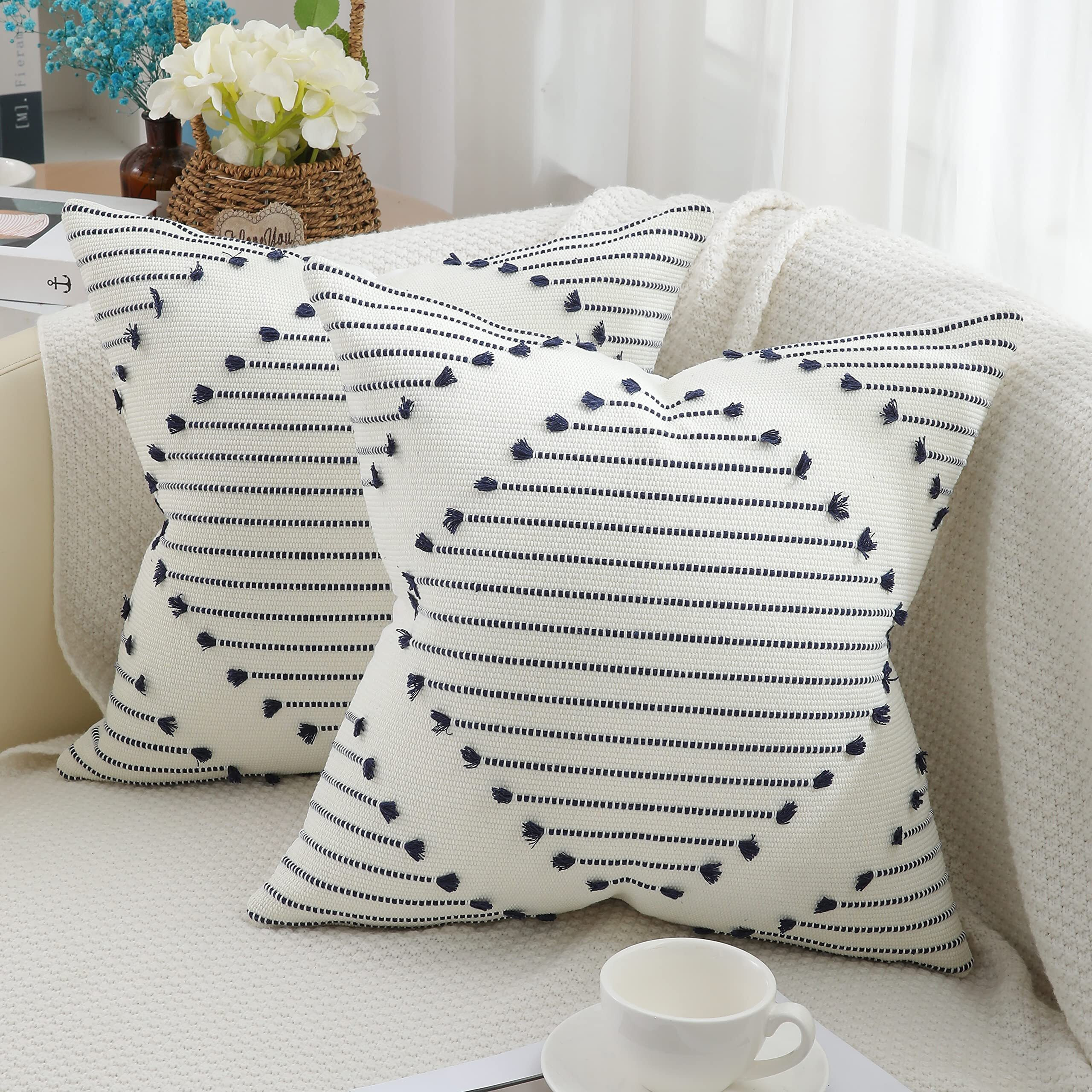 Mecatny Boho Throw Pillow Covers Navy And Cream White Pillow Covers 18X18 Set Of 2 Farmhouse Decorative Pillow Covers For Couch Sofa Living Room