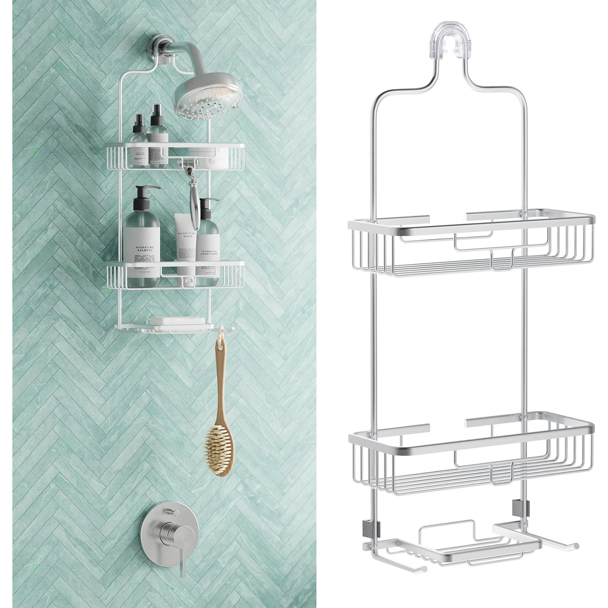 Zenna Home Hanging Shower Caddy, Over The Shower Head Bathroom Storage, Rustproof, No Drilling, Bath Organizer With 2 Shelves, Soap Tray, Razor Holders And Hooks, Satin Chrome