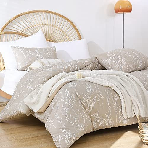 Janzaa 3 Pieces Duvet Covers Queen Size Floral White Botanical Printed On Oatmeal Duvet Cover Soft Bed Cover With Zipper Closure 4 Ties (2 Pillow Cases)