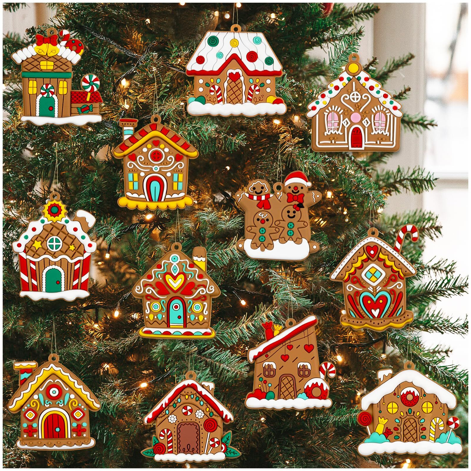 Gingerbread House Ornaments Christmas Tree Decoration - 12Pcs Gingerbread House Christmas Decorations Hanging Ornaments For Holiday Christmas Tree Home Decor