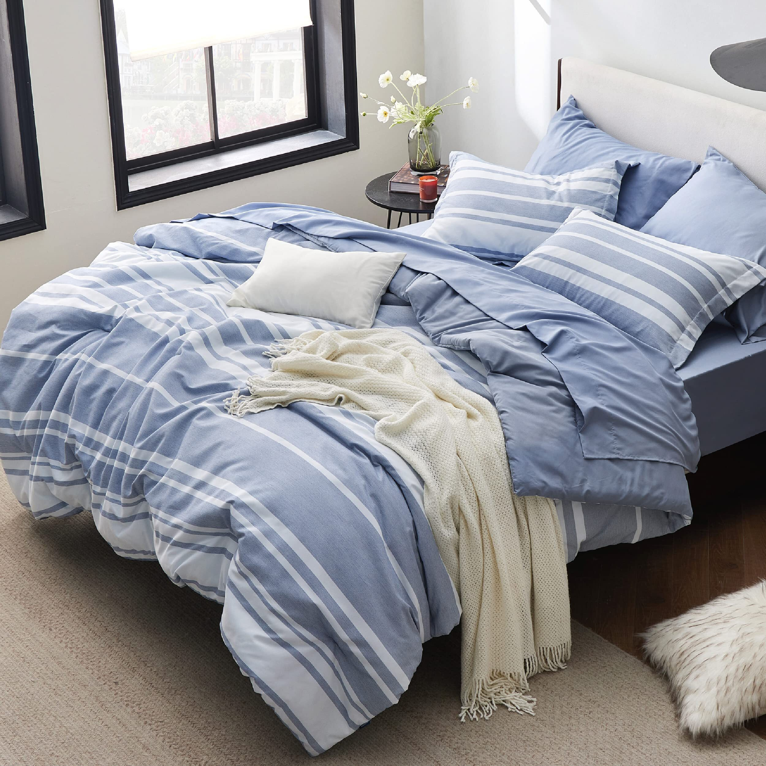 Bedsure Bedding Sets Queen 7 Pieces, Striped Blue Comforter Set Queen All Season Bed Set, Bed In A Bag Queen With Comforter, Sheets, Pillowcases & Shams