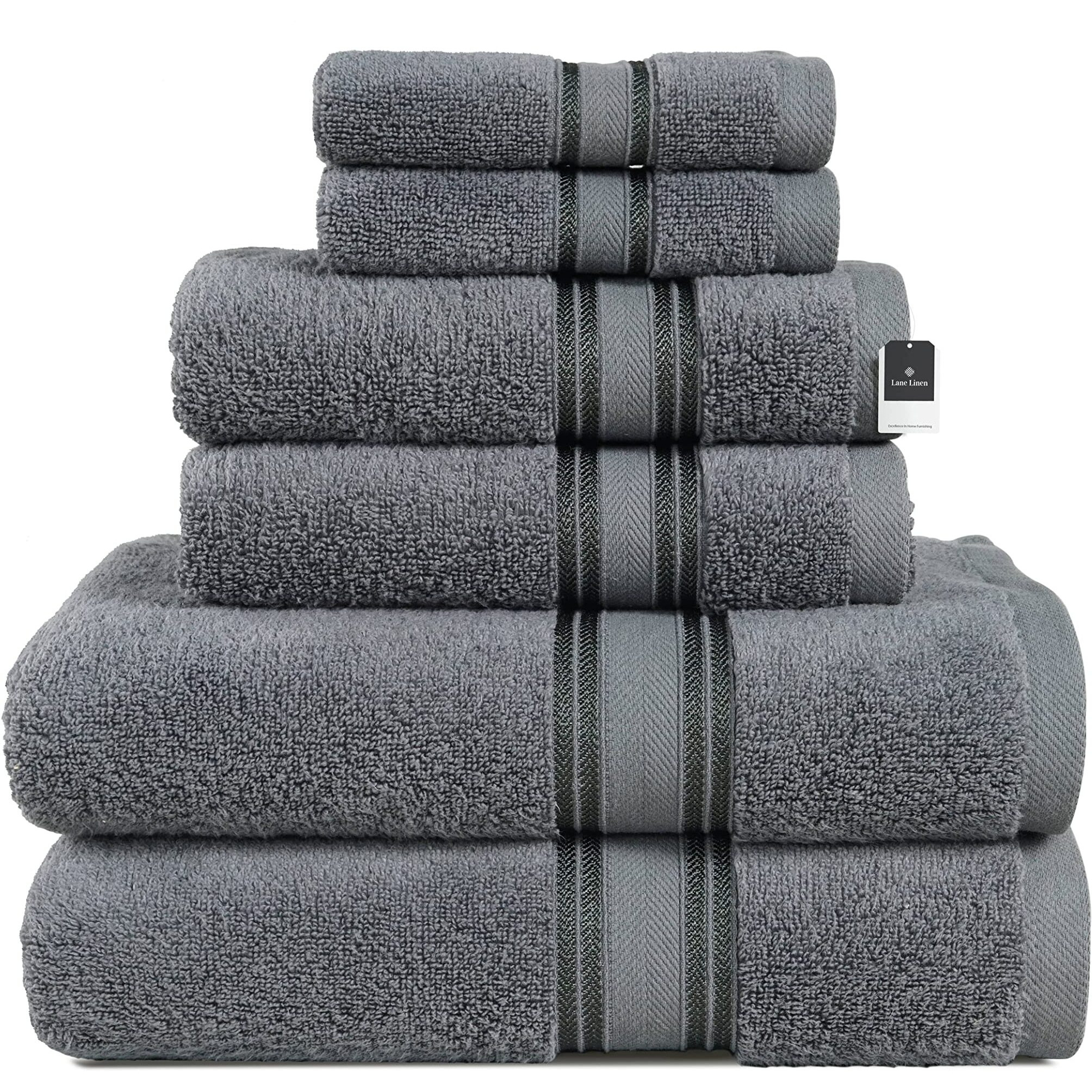 Lane Linen Luxury Bath Towels Set - 6 Piece Set, 100% Cotton Bathroom Towels, Zero Twist, Quick Dry Shower Towels, Super Absorbent Bath Towel, 2 Bath Towels, 2 Hand Towels, 2 Wash Cloths - Space Grey