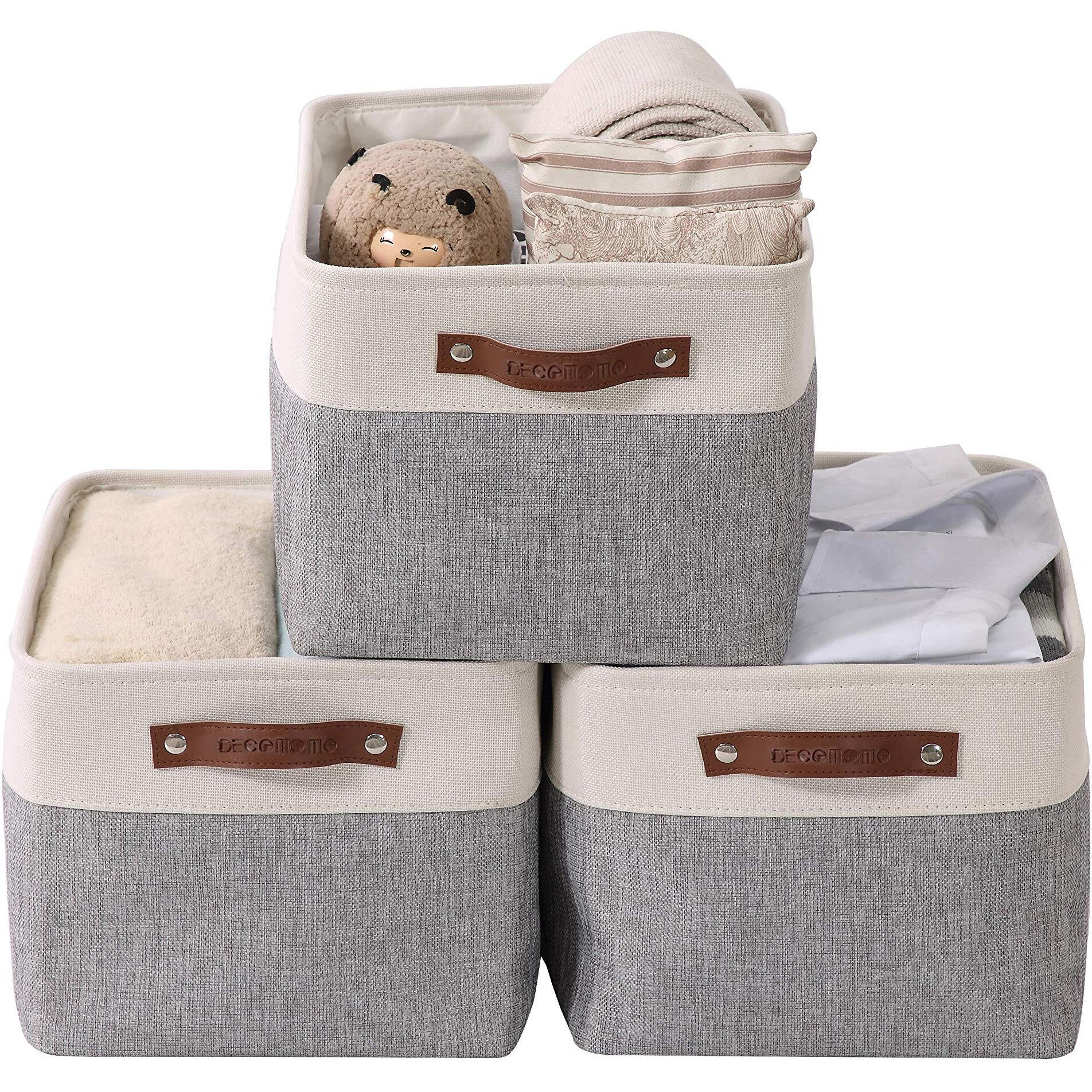 Decomomo Storage Bins | Fabric Storage Basket For Shelves For Organizing Closet Shelf Nursery Toy | Decorative Large Linen Closet Organizer Bins With Handles (Grey & White, Xl - 3 Pack)