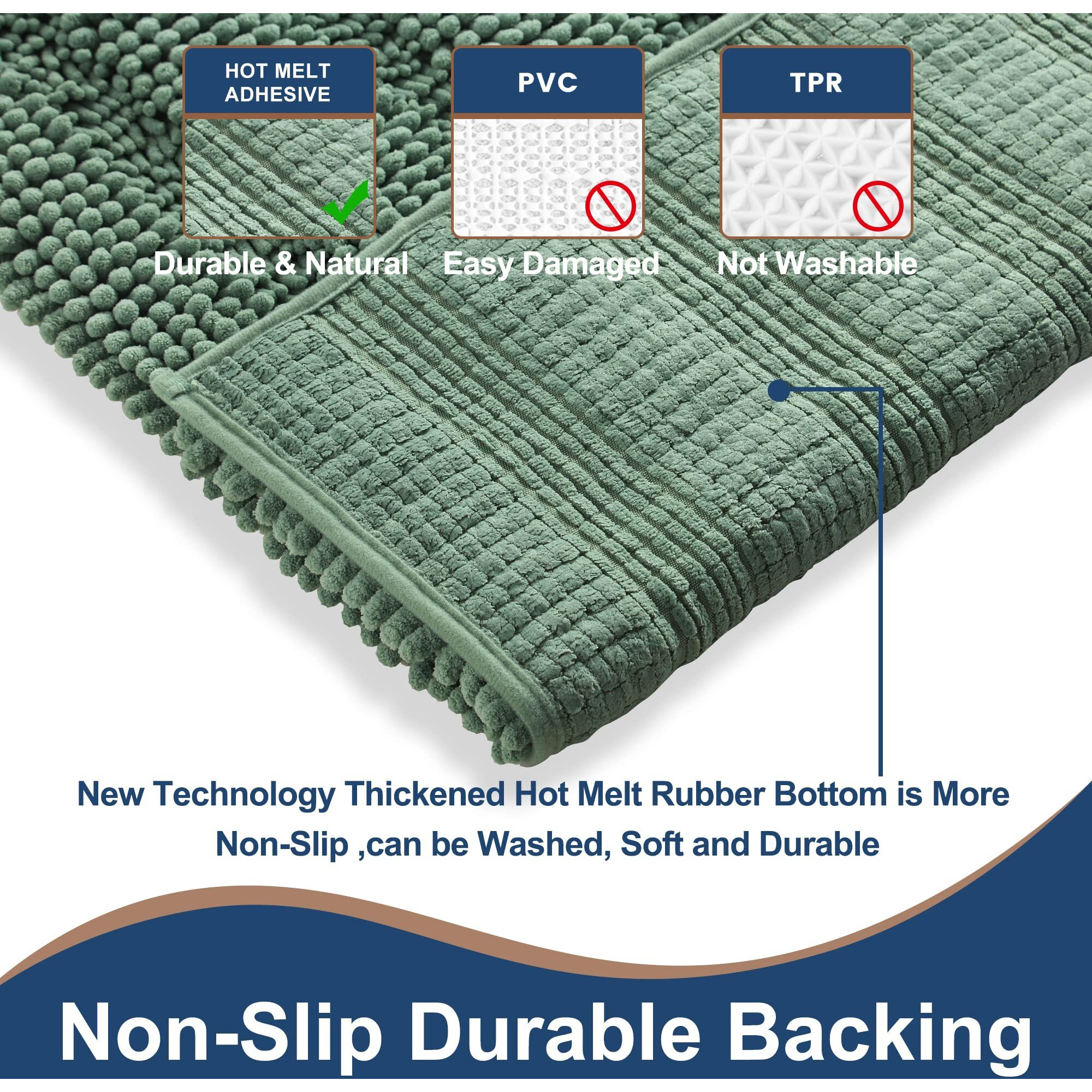 Floleopa Non Slip Thick Shaggy Chenille Sage Green Bathroom Rug Sets 2 Piece, Thickened Hot Melt Rubber Bottom Bath Mats For Bathroom, Bath Rugs Quick Dry Machine Washable For Shower Mat